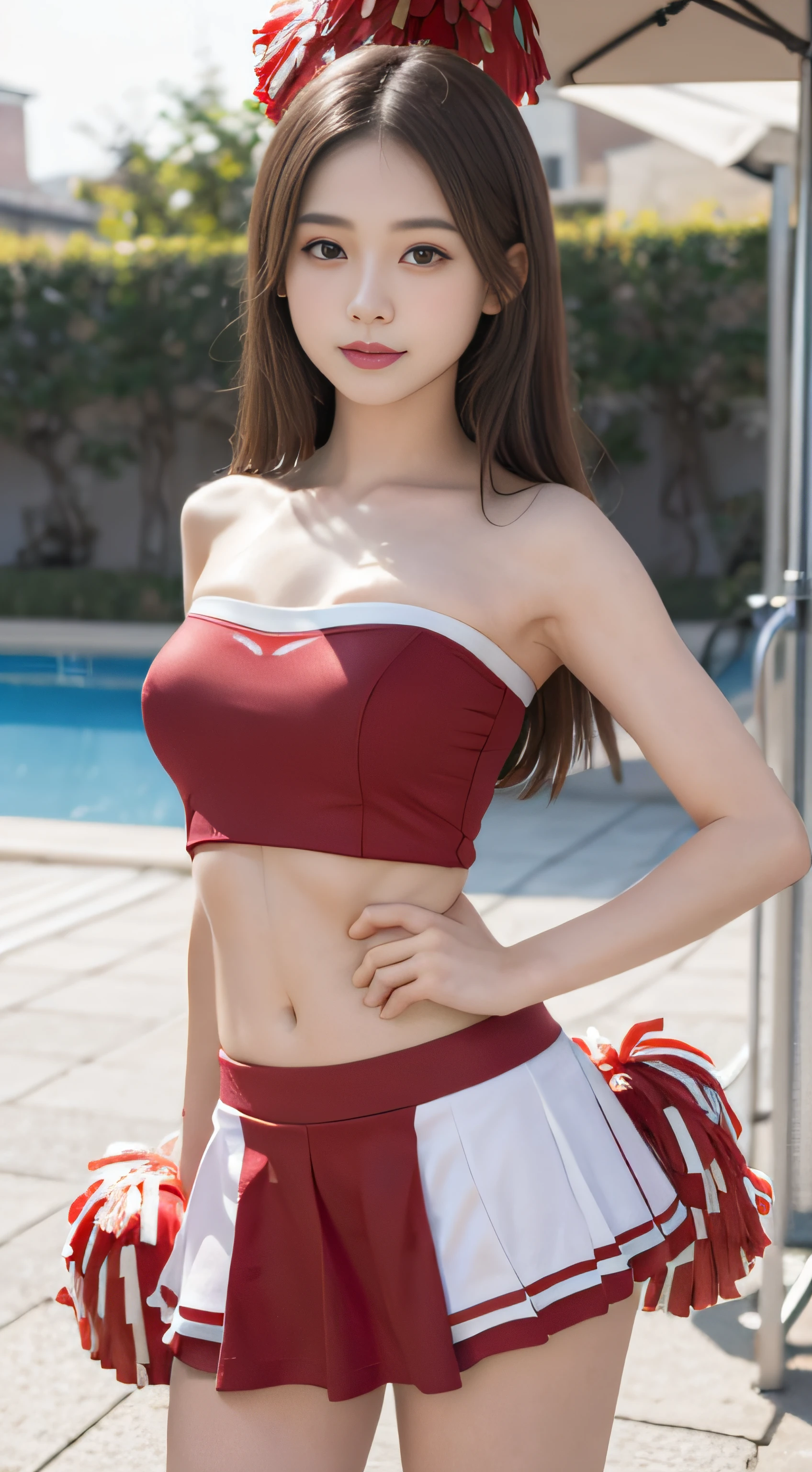 (8K、Raw photography、top-quality、​masterpiece:1.2)、32K、ultra res、fully body photo、(Composition from the knee up:2.0)、medium distance shot:1.8、200mm telephoto lens:1.8、body facing forward:2.0、Full body portrait、rialistic photo、((Strapless Beartop Cheerleader Uniform:1.5))、(realisitic、Photorealsitic:1.37)、超A high resolution、depth of fields、Soft lighting、Caustics、​masterpiece、ultra-detailliert、pylons、(8K、Raw photography、top-quality、​masterpiece:1.2)、32K、ultra res、rialistic photo、(realisitic、Photorealsitic:1.3)、超A high resolution、depth of fields、Caustics、Canon EOS、​masterpiece、ultra-detailliert、fully body photo、1girl in、独奏、in poolside、Slender Abs、flat breast、small tits、Bust 70 cm、Hip 82 cm、Slender body、big breasts thin waist、The crotch is clear、tiny chest、small  hip、Model grade ratio、Vibrant poses、Super cute full body photo、1girl in、Long hair swaying in the wind:1.4、is standing、in poolside、Slender Abs、Waist 52 cm、flat breast、small tits、Bust 70 cm、Hip 82 cm、Slender body、big breasts thin waist、tiny chest、small  hip、Model grade ratio、Vibrant poses、Super Cute