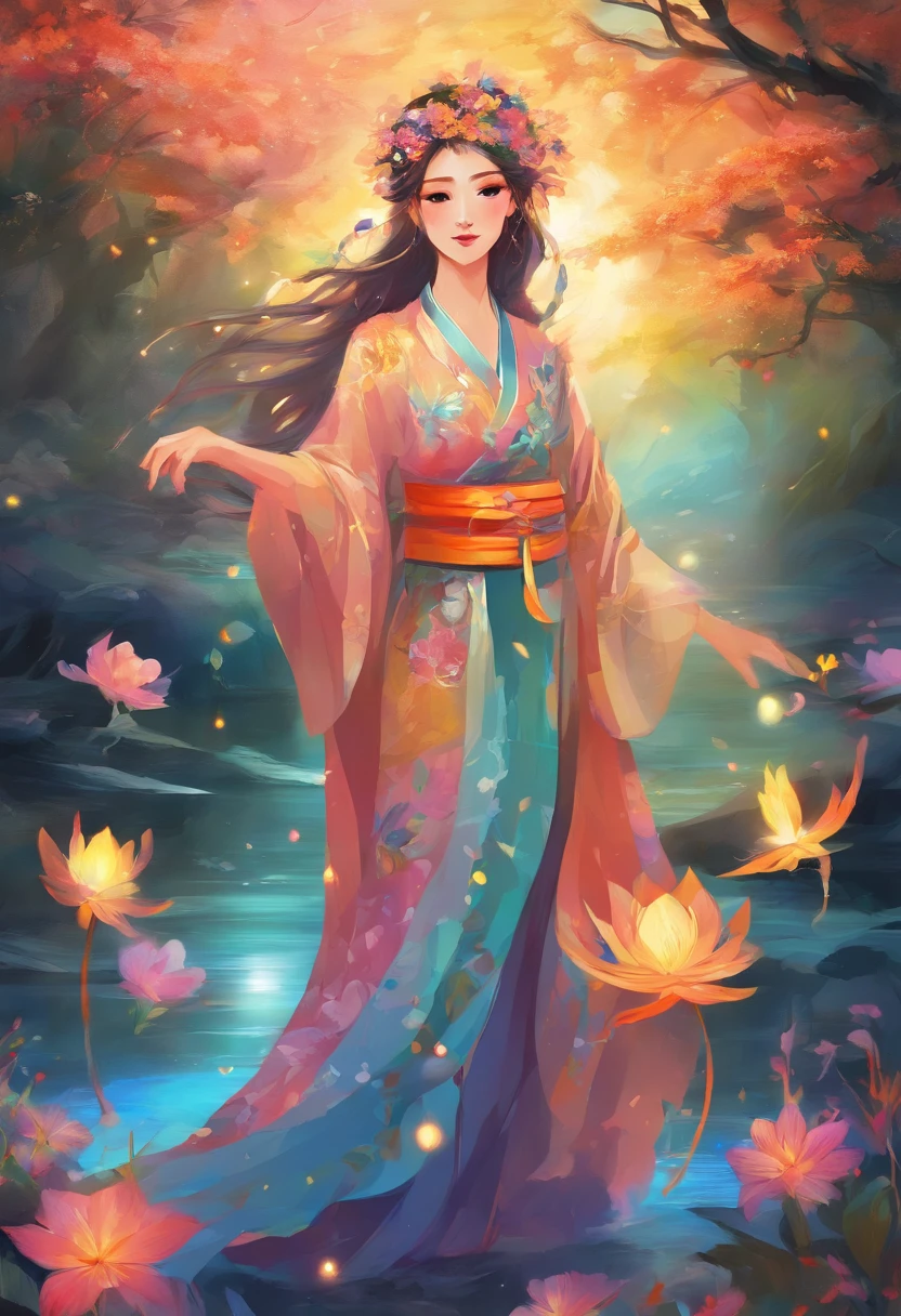 Spirit floating in pale shape, Woman in yukata with colorful flowers walking along the river. Her beautiful face and brightly colored glowing eyes. Dark night river、Illuminated in a fantastic way by the floating light of the spirits. Woman walking with hand lanterns illuminating her feet. Along the river at night with wildflowers blooming. Detailed drawing. Vivid colors. High image quality. --S 1000 --AR 4:5 - Rainbow 5