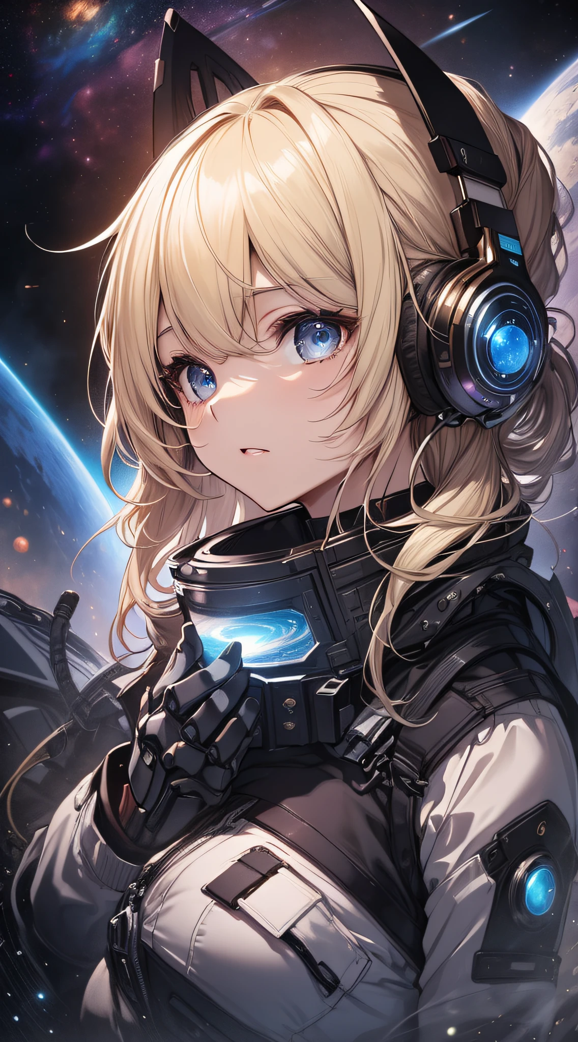 top-quality、Top image quality、masterpiece、girl with((18year old、Technical Suit、Best Bust、Bust 85、a blond、poneyTail、,Eyes of the Universe、open chest wide、Diamond earrings in the ears、Mechanical headphones,Stretch out both hands、Reflecting the whole body、fighting poses))hiquality、visualart、Background with((cosmic space))、Depth((black hole))