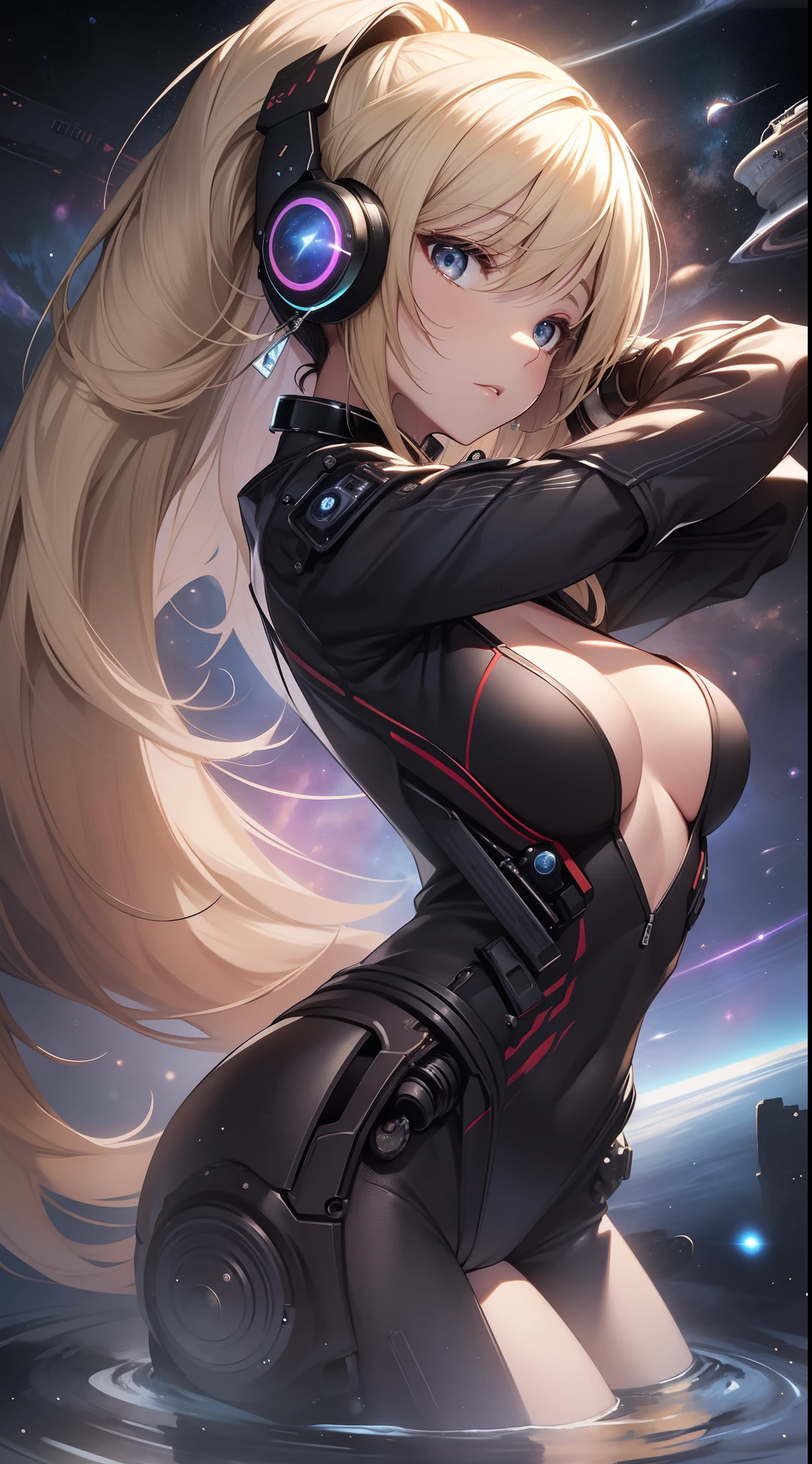top-quality、Top image quality、masterpiece、girl with((18year old、Technical Suit、Best Bust、Bust 85、a blond、poneyTail、,Eyes of the Universe、open chest wide、Diamond earrings in the ears、Mechanical headphones,Stretch out both hands、Reflecting the whole body、fighting poses))hiquality、visualart、Background with((cosmic space))、Depth((black hole))