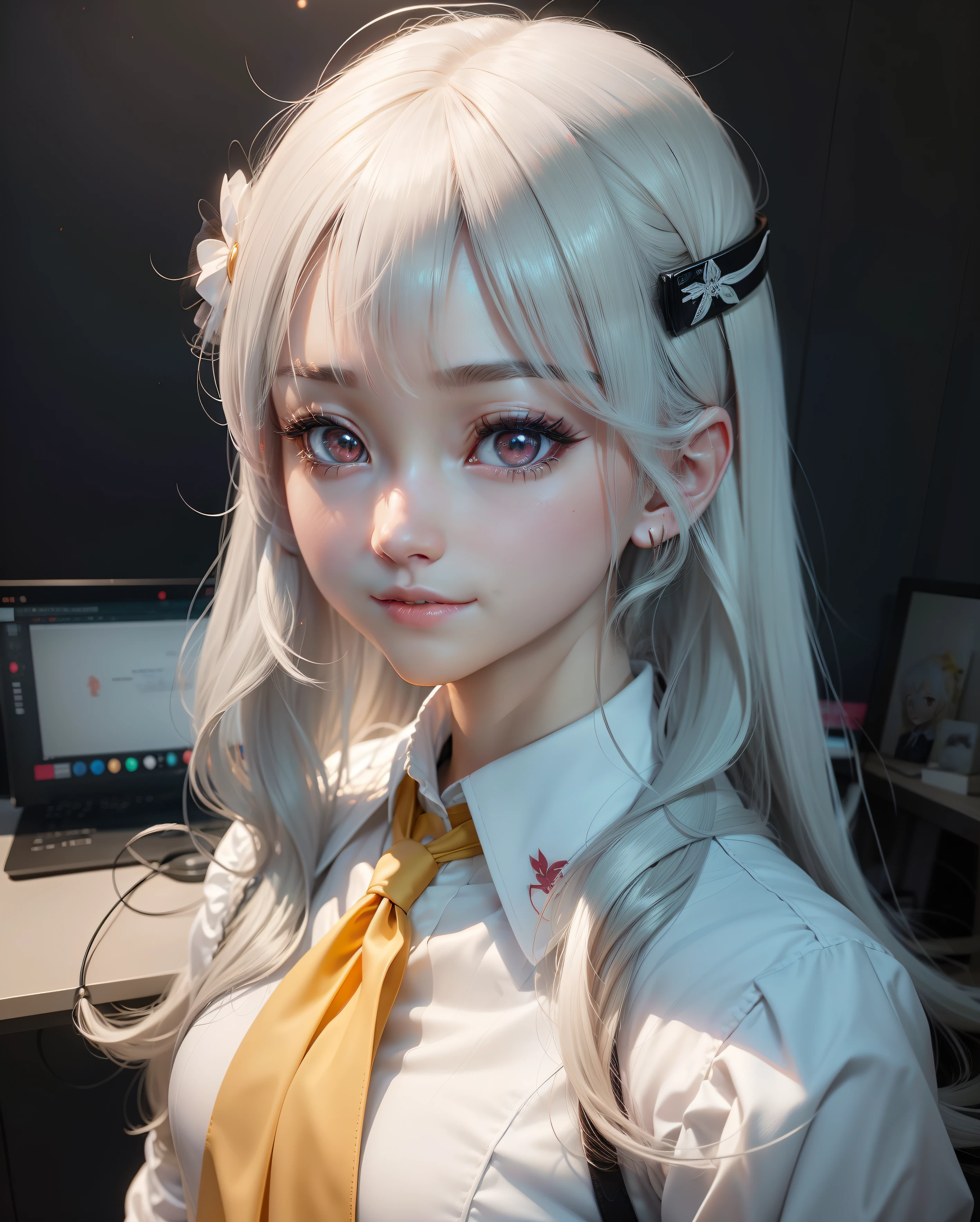 smile, Long white hair, dressed in office style with a red tie, yellow eyes,realistic anime 3d style, realistic yo ung anime girl, stunning anime face portrait, photor ealistic anime, anime realism style, kawaii realistic portrait, realistic anime artstyle, beautiful anime po rtrait, realistic anime style at pixiv, realistic anime a rt style, hyper realistic anime, 3 d anime realistic