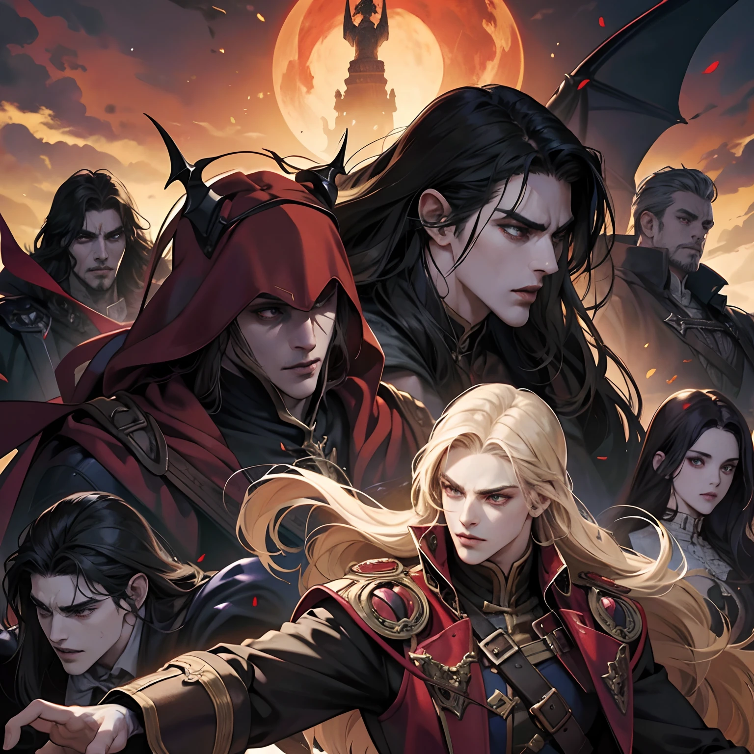 Castlevania Shadow Lord handsome muscular Lord Dracula leading troops armed with demons Highly detailed faces to hyper realistic war super detailed Super detailed dynamic pose Super detailed hyper realistic faces super detailed