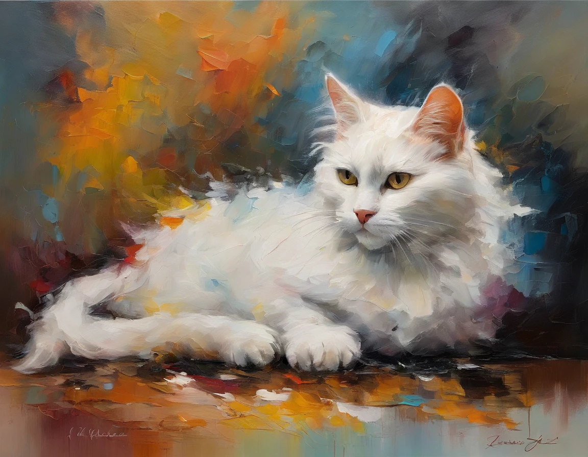 A white puppet cat，A sleeping cat in the center of the picture，Erected ears，The cat lies in a ball in the center of the picture，The tail is in front，Colorful gradient background（Pale color background），The center of the background radially splashes ink（Oil on stick painting 1.5），Brilliant and colorful acrylic paints，Modern ink splashing art，Outstanding master oil paintings，Ultra-realistic oil painting，Bumpy and realistic oil painting texture，Ultra photo realsisim, hyper realisitc, High gloss liquid, photorealistic image, Surrealists | | |, 16k