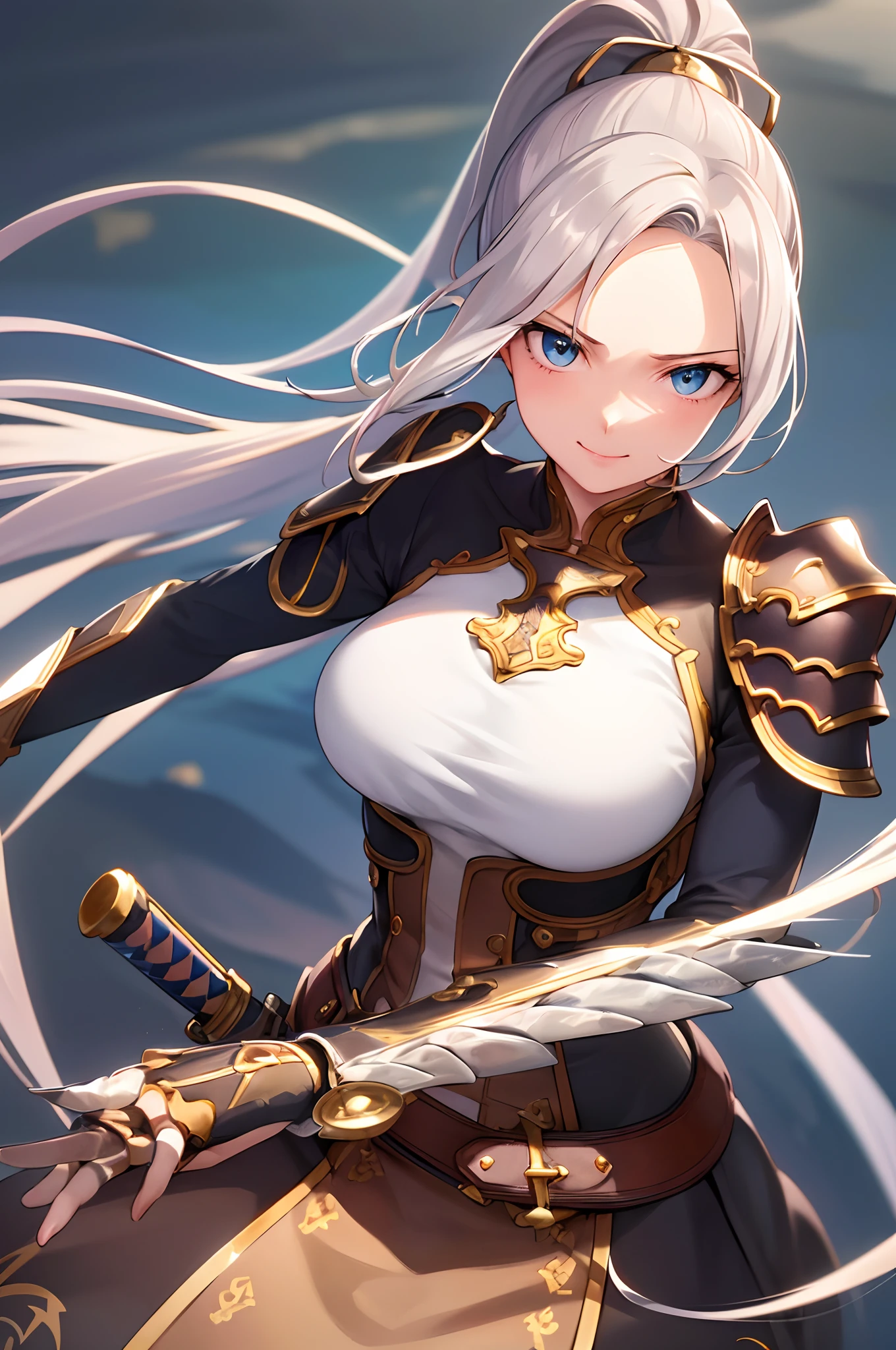 (best quality:1.2,8k,highres,masterpiece:1.2),1girl,solo,brown hair,beautiful detailed smile,blue eyes,vivid colors,high quality artstyle,ultra-detailed,realistic:1.37,quality shadows,HDR,ultra-fine painting,long eyelashes,professional,ponytail,[Fairy tail],[Katana],silver armor