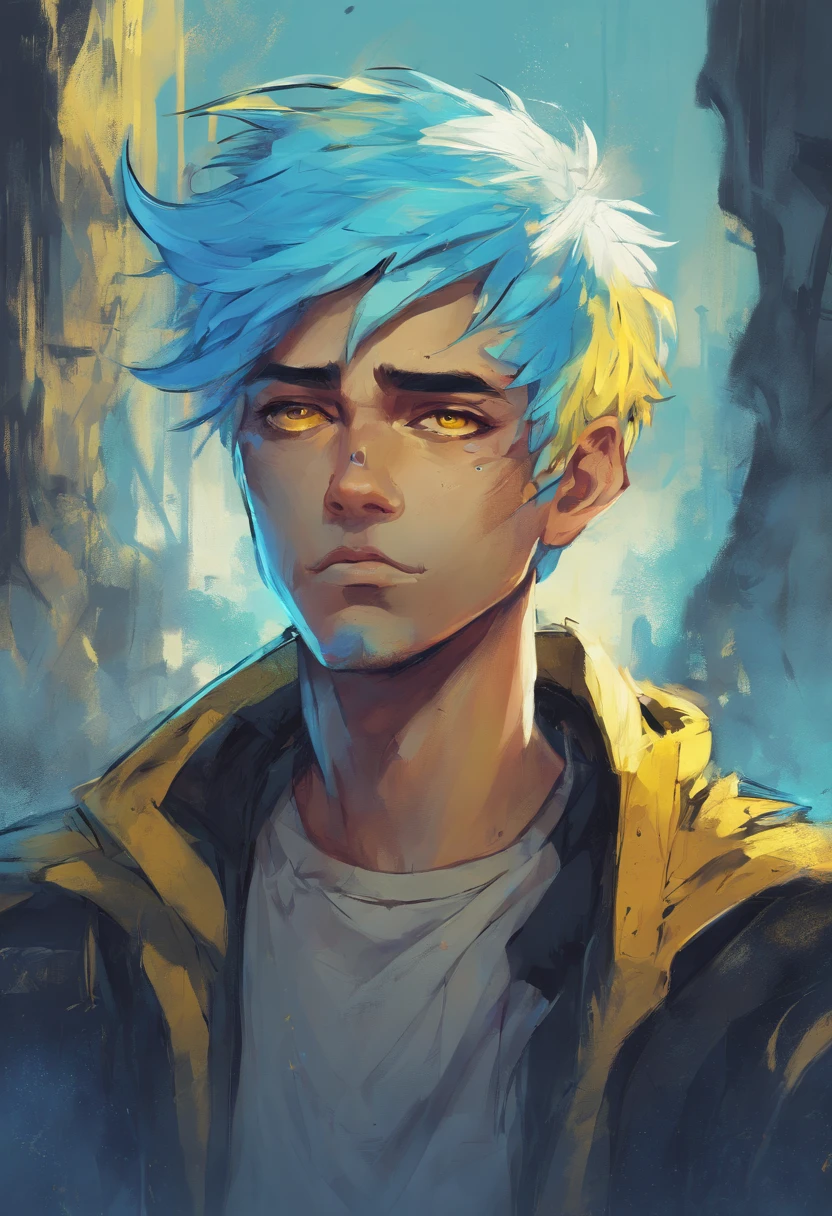 a adult boy with yellow hodi, blue hair, black pain , light blue eyes