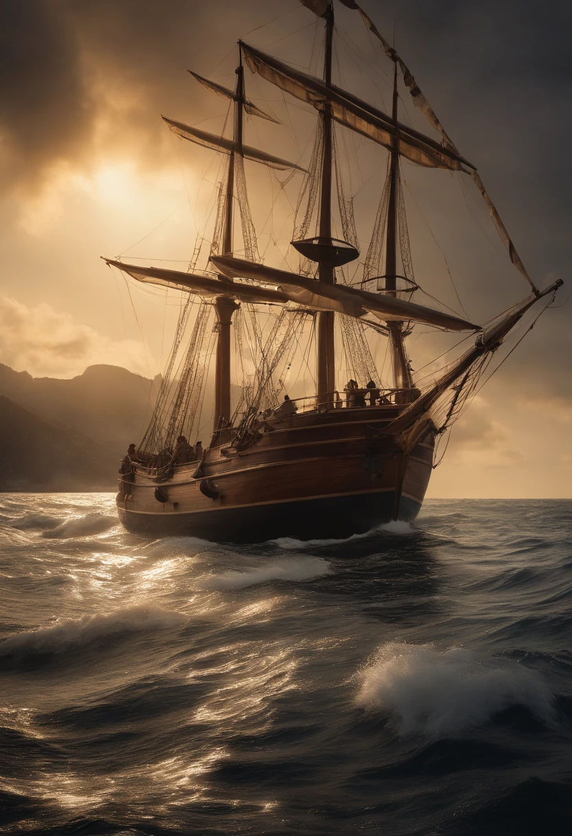 Draw a picturesque maritime scene with a humorous twist. Na imagem, a Nau Desgovernada, um barco de madeira notoriamente desajeitado, navega em um oceano agitado. The captain, with a perplexed expression on his face, He holds a clumsily drawn map as crew members cling to the ropes and try to keep their balance. The sky is overcast, But the sun appears timidly behind the clouds, illuminating the scene with an ironic touch of hope. Amid the confusion, a flag with the word 'Bananaland' is flown on the main mast, indicating the uncertain fate of this nautical comedy.