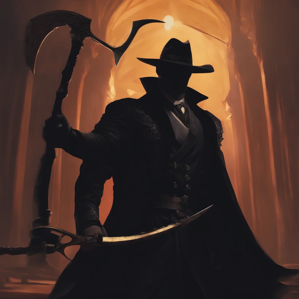 Best quality, Masterpiece, shadow magic, darkness control, hidden blade, A guy in modern outfit, holding a scythe
