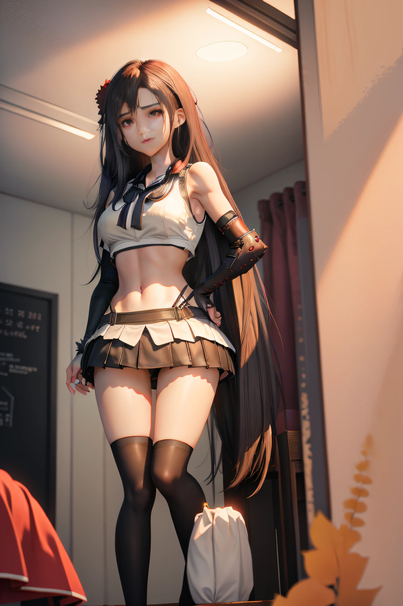 girls,black color hair,Be red in the face,Bedrooms,The skirt was lifted,revealing white panties, Long legs,