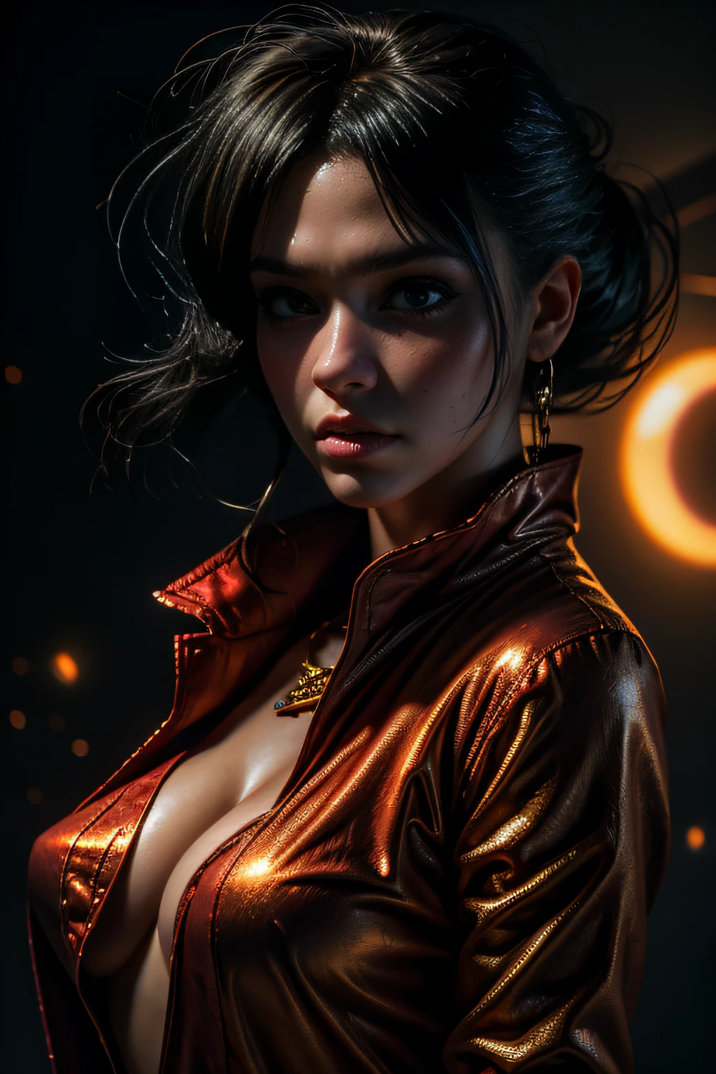 cinematic portrayal, Hermosa mujer con atuendo rojo con detalles dorados, PlanetaryFashion, Antecedentes de Marte, Cara detallada, Colores apagados --ar 21:9 --c 10 --estilo crudo, foco nítido, Diodos emisores, humo, artillery, Chispas, Estantes, Unidad del sistema, placa base, by pascal blanche rutkowski repin artstation hyperrealism painting concept art of detailed character design matte painting, Blade Runner 4K resolution