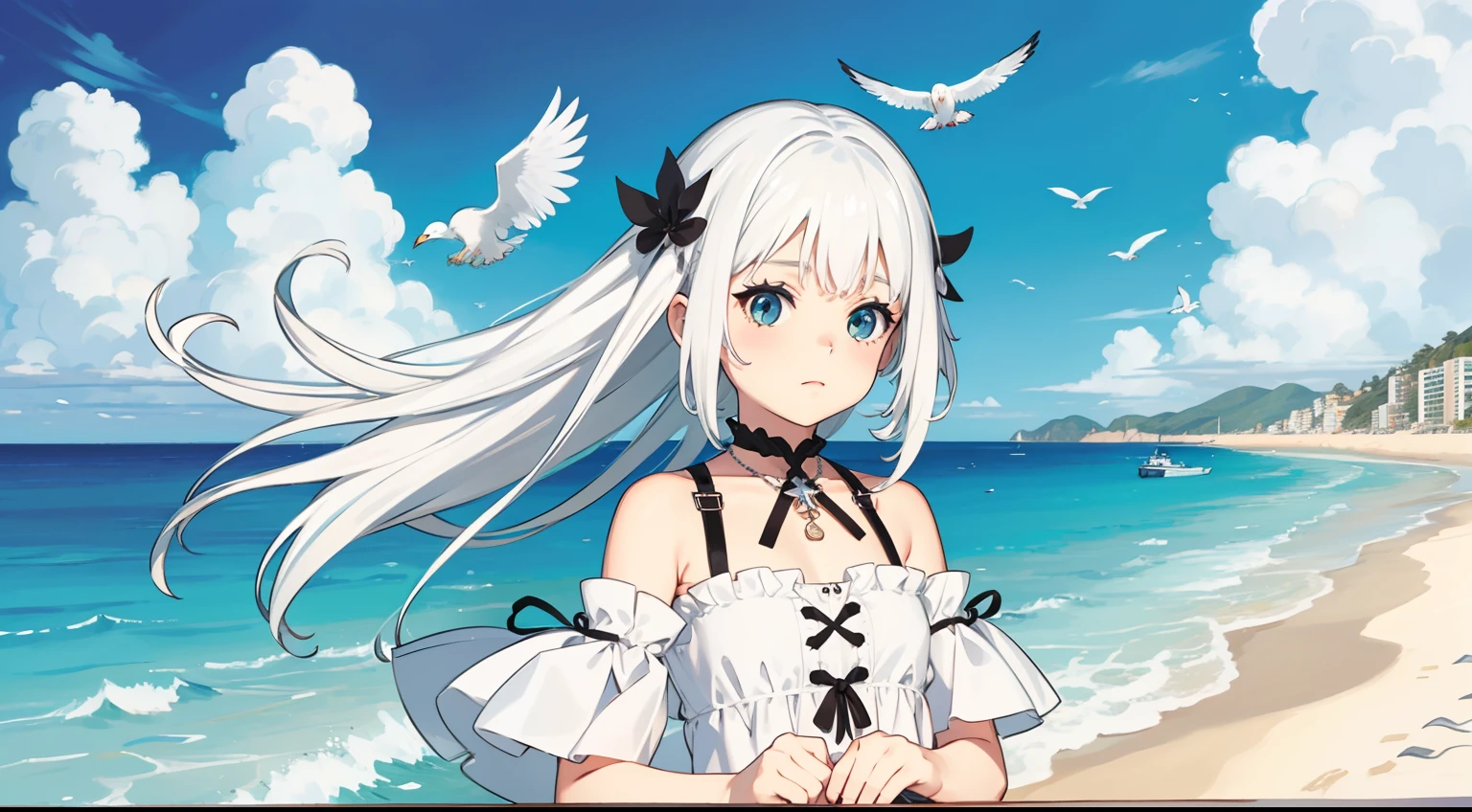 A little girl with white hair，sentado na praia，There are a lot of seagulls around