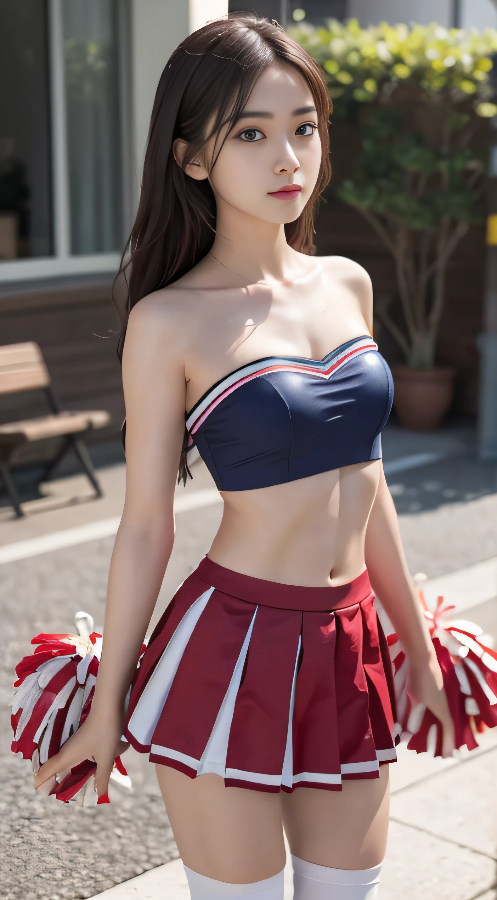 (8K、Raw photography、top-quality、masterpiece:1.2)、32K、ultra res、fully body photo、(Composition from the knee up:2.0)、medium distance shot:1.8、200mm telephoto lens:1.8、body facing forward:2.0、Full body portrait、rialistic photo、((Strapless Beartop Cheerleader Uniform:1.5))、(realisitic、Photorealsitic:1.37)、超A high resolution、depth of fields、Soft lighting、Caustics、masterpiece、ultra-detailliert、pylons、(8K、Raw photography、top-quality、masterpiece:1.2)、32K、ultra res、rialistic photo、(realisitic、Photorealsitic:1.3)、超A high resolution、depth of fields、Caustics、Canon EOS、masterpiece、ultra-detailliert、fully body photo、1girl in、独奏、in poolside、Slender Abs、flat breast、small tits、Bust 70 cm、Hip 82 cm、Slender body、big breasts thin waist、The crotch is clear、tiny chest、small hip、Model grade ratio、Vibrant poses、Super cute full body photo、1girl in、Long hair swaying in the wind:1.4、is standing、in poolside、Slender Abs、Waist 52 cm、flat breast、small tits、Bust 70 cm、Hip 82 cm、Slender body、big breasts thin waist、tiny chest、small hip、Model grade ratio、Vibrant poses、Super Cute