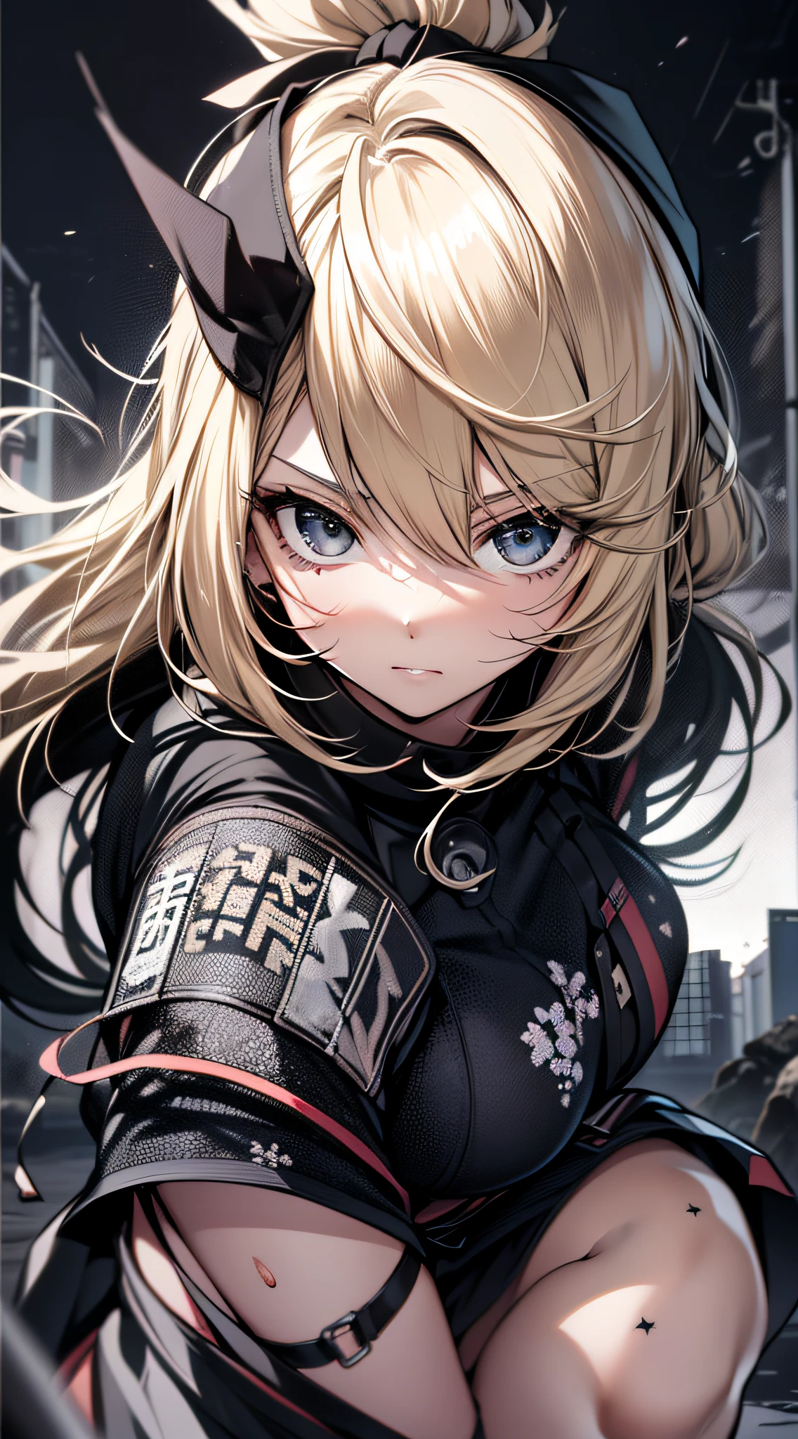 top-quality、Top image quality、​masterpiece、teens girl((18year old、Short sleeved black survival suit、bust 80、a blond、poneyTail、Breasts wide open,Valley、Black eye、Strong eye power、Black Hachimaki、Get closer to your audience、Kamimei、Full of wounds all over the body、fighting poses)）hiquality、visualart、Background with((World of Japan、Black sky))、Black and white tones