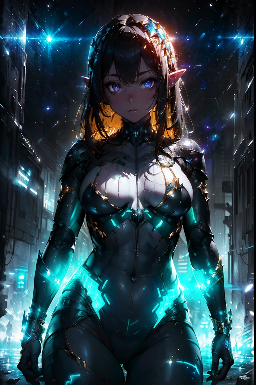 Elf, intricate perfect beauty face, detailed sharp galaxy glowing eyes, detailed face, (((from face to the waist))), (((beauty shape))), ((in realistic white neon-lit sci-fi plugsuit costume)), masterpiece, 4k, UHD (((wearing golden gauntlet with hyper realistic and detailed black))) (((dark style aesthetic)))