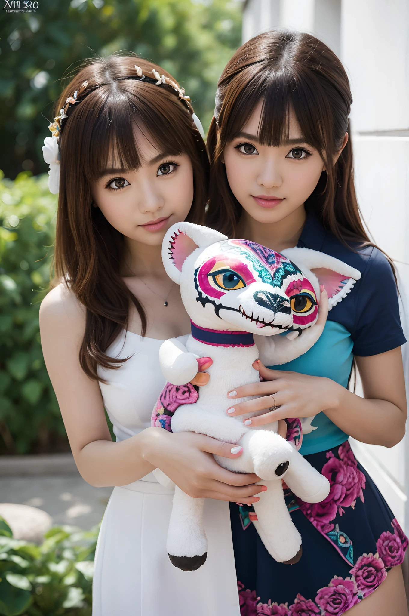 2 girls,duo,white color,((alebrijes art style)),Sony Alpha 1,Sony FE 16-35mm f/2.8 GM,ulzzang-6500-v1.1,sharp focus,highly detailed,rich colors,vibrant colors,trend on Artstation,4k,xxmix girls,leering,