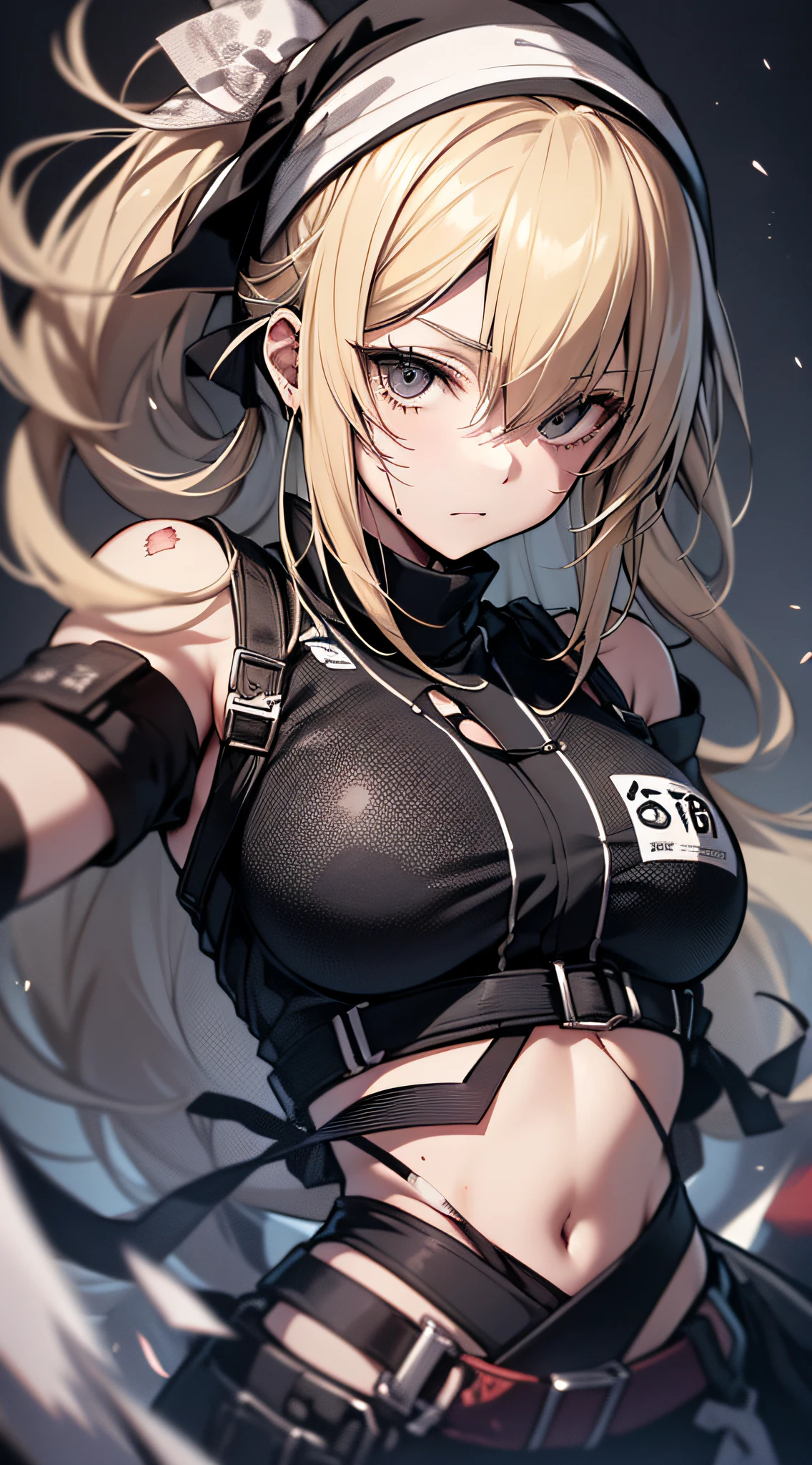 top-quality、Top image quality、masterpiece、s girl((18year old、Short sleeved black survival suit、bust 80、a blond、poneyTail、Breasts wide open,Valley、Black eye、Strong eye power、Black Hachimaki、Get closer to your audience、Kamimei、Full of wounds all over the body、fighting poses))hiquality、visualart、Background with((World of Japan、Black sky))、Black and white tones