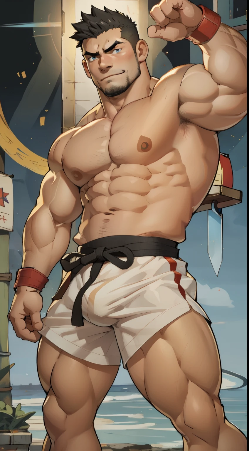 A muscular swordsman,male people,Shirtless,Well-developed muscles,vast pecs,Broad shoulders,Huge crotch bulge,Boxing pose,Board inches,Slag,Uncovered legs,Textured skin,tmasterpiece,High- sharpness,High Picture Quality,intricately details