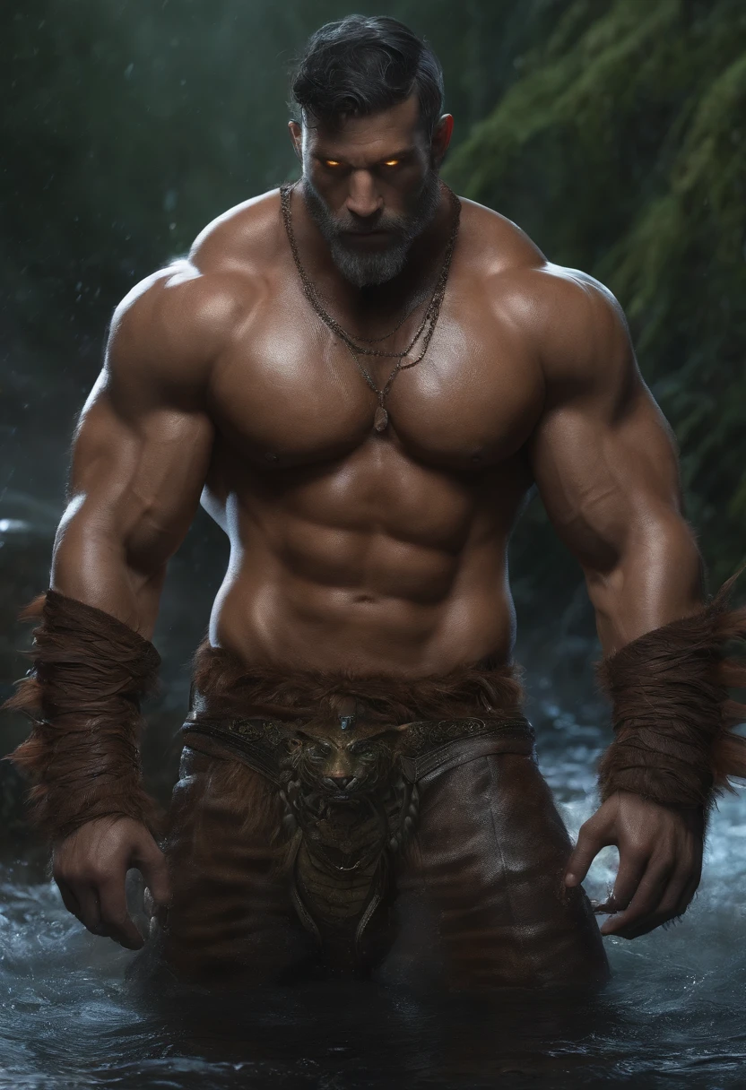 musculature,Tiger Orcs,nakeness,white see-through panties,Get wet,Abdominal hair,Reproductive organs