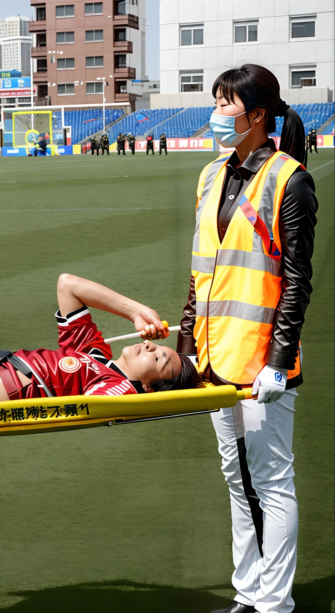 the policewoman holds the stretcher in her hands, the policewoman grabs the handles of the stretcher with her hands, the man on the stretcher is visibly in pain, stadium atmosphere, the man is lying flat on his back on the stretcher and has his arm draped over his face, A scene at a soccer stadium in Mongolia, a man lying flat on his back on the stretcher with his arm over his face, lying flat on his back on the stretcher his arm is covering his face, he has his arm over his face while being carried on the stretcher, There is an attractive and heavily made-up Mongolian female police officer in a long black leather coat, A Mongolian female police officer in a shiny black leather coat on a soccer field, A Mongolian female police officer is holding a stretcher, A man is lying on the soccer stadium his back with his torso on the right in matt and roughened white and red sportswear on a stretcher, a man lies on a stretcher and has his left arm bent over his face, we only see the torso and thighs of the male athlete who is being carried with the stretcher to the left off the picture, the man lies on his back on the stretcher and covers his face with his bent left arm, the mongolian policewoman is exceptionally heavily made up and has an extremely desperate and very angry expression on her face, high-resolution photo, realistic sports photo, soccer scene, mongolia, mongolian policewoman, uniformed woman in black shiny long leather coat, injury scene, real photo, ultra realistic, high definition, sports photography