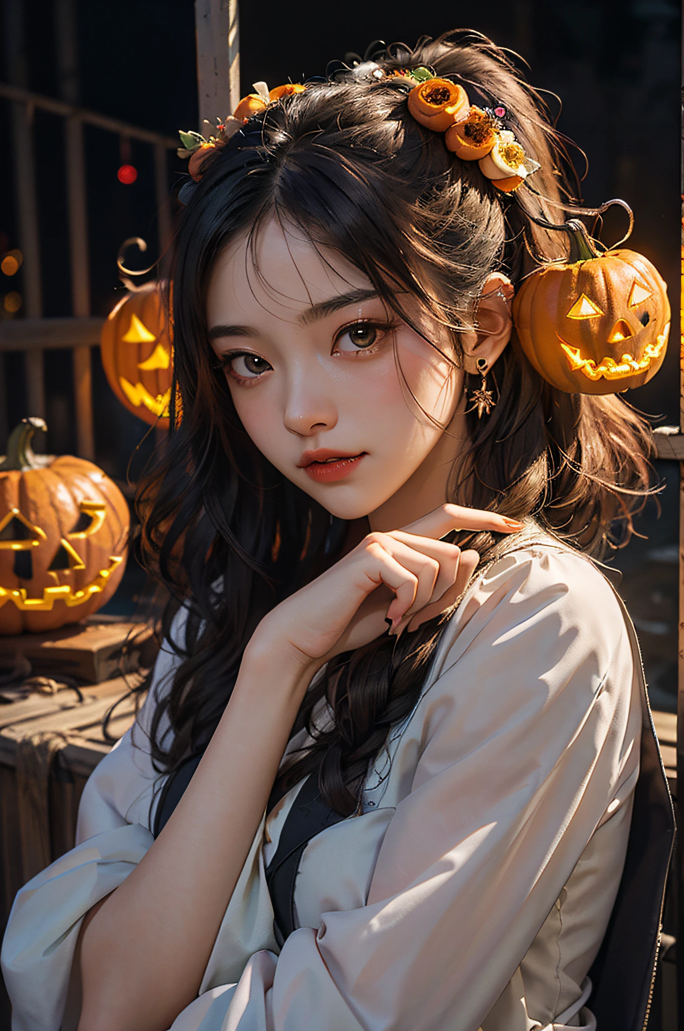 (masterpiece、top-quality、top-quality、Beautifully Aesthetic:1.2)、girl with pink long hair, (((Cute Shining Jack Lantern Head Girl)))、((I can't see the girl's face))、halloween night、highly detailed、colourfull、highestdetailed, centered image, midshot