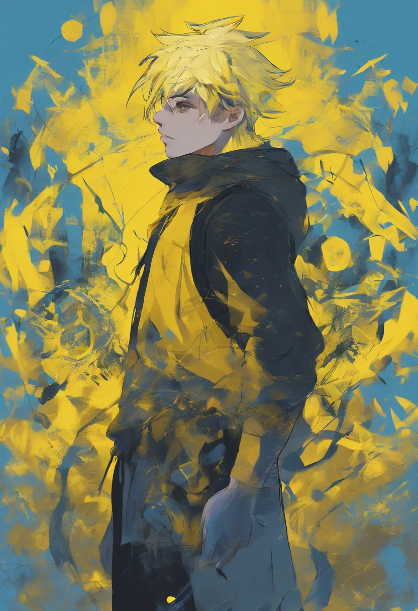 a boy with yellow hodi, blue hair, black pain , light blue eyes