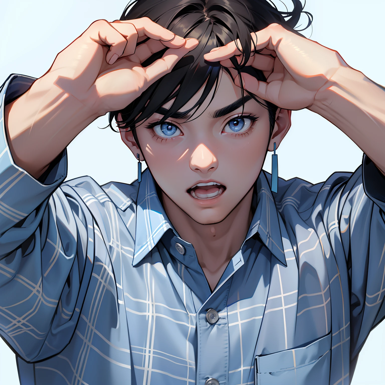 One Man、Sanpaku eyes、A dark-haired、Upbank、Bangs parted in the middle、male-centered、Hanging eyebrows、Sauce order、Light blue and blue checked shirt、Plaid、beautifull hands、References、simple earrings、年轻、simple background、Shape your hands、JINS、Opening Mouth