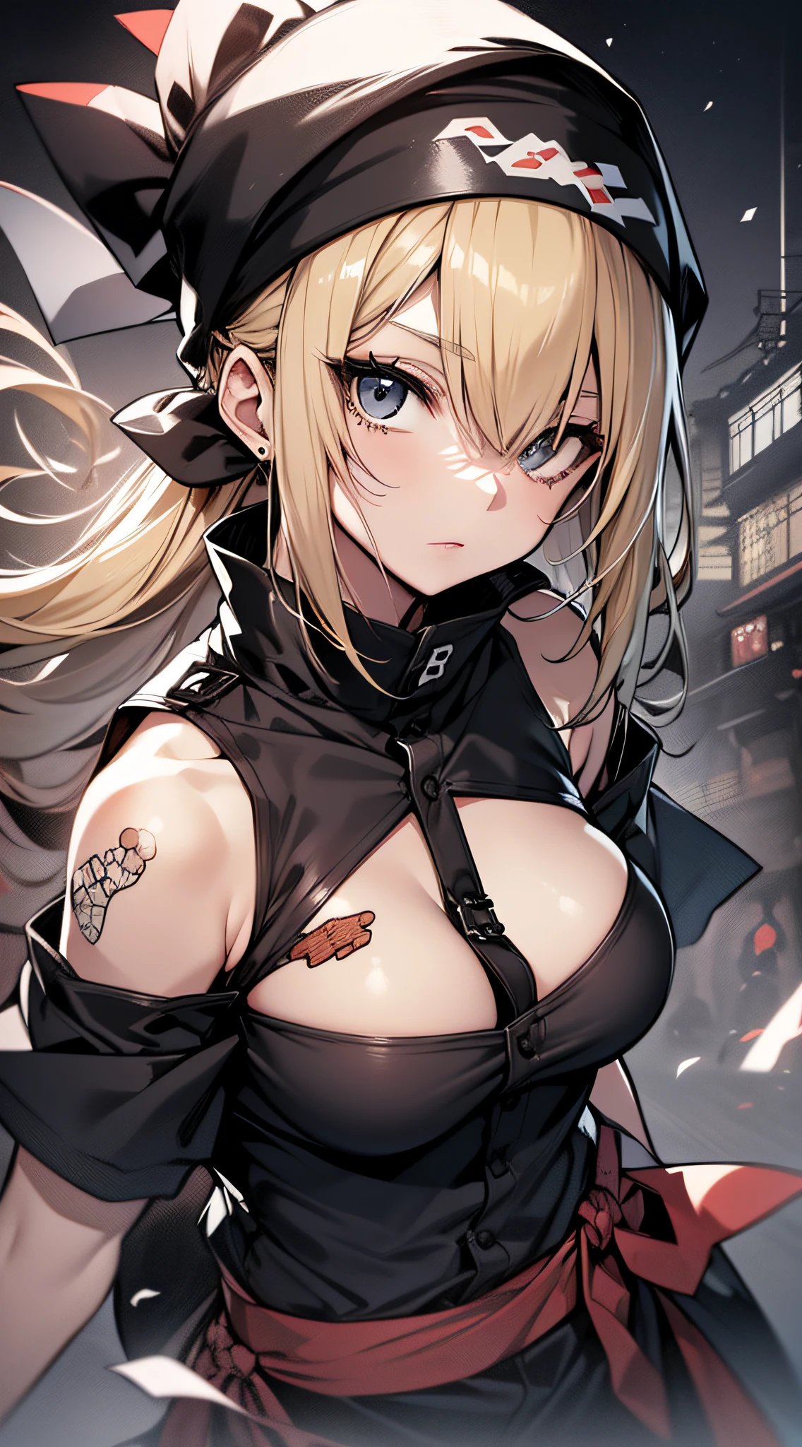 top-quality、Top image quality、masterpiece、s girl((18year old、Black ninja uniform with short sleeves、Bust 90、a blond、poneyTail、Breasts wide open,Valley、Black eye、Strong eye power、Black Hachimaki、Get closer to your audience、Kamimei、Full of wounds all over the body、fighting poses))hiquality、visualart、Background with((World of Japan、Black sky))、Black and white tones