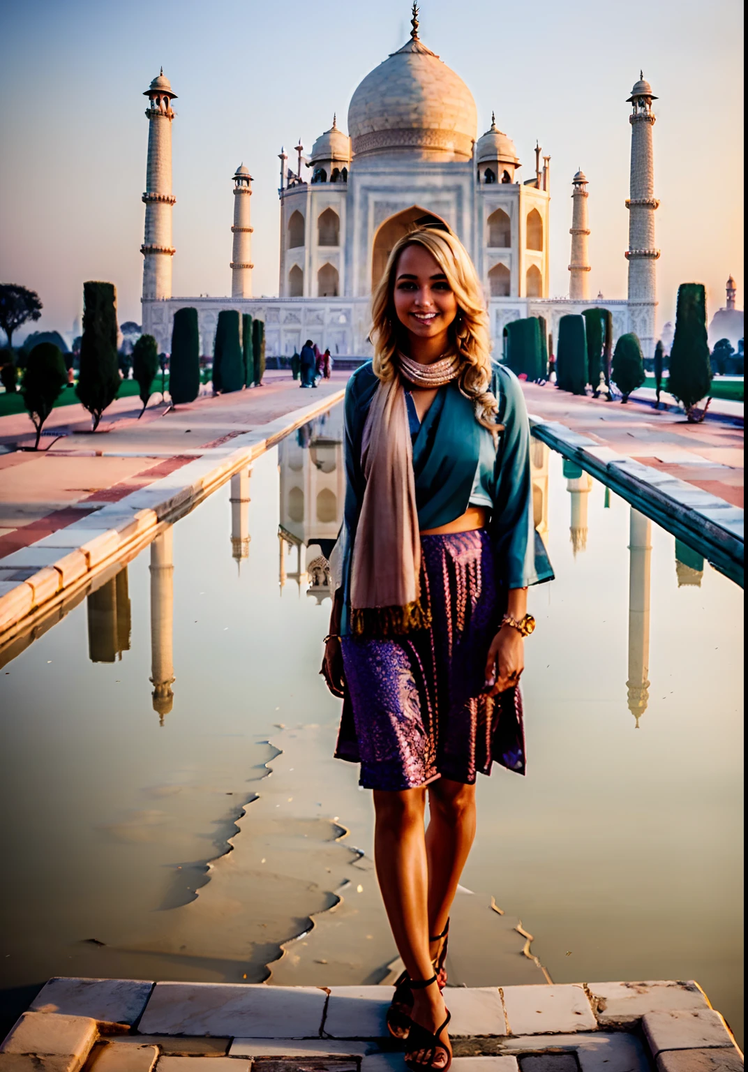 gorgeous happy blonde, Taj Mahal in Background, realistic, ultra HD, Hasselblad, dusk --style raw --s 150 --c 4 --ar 2:3