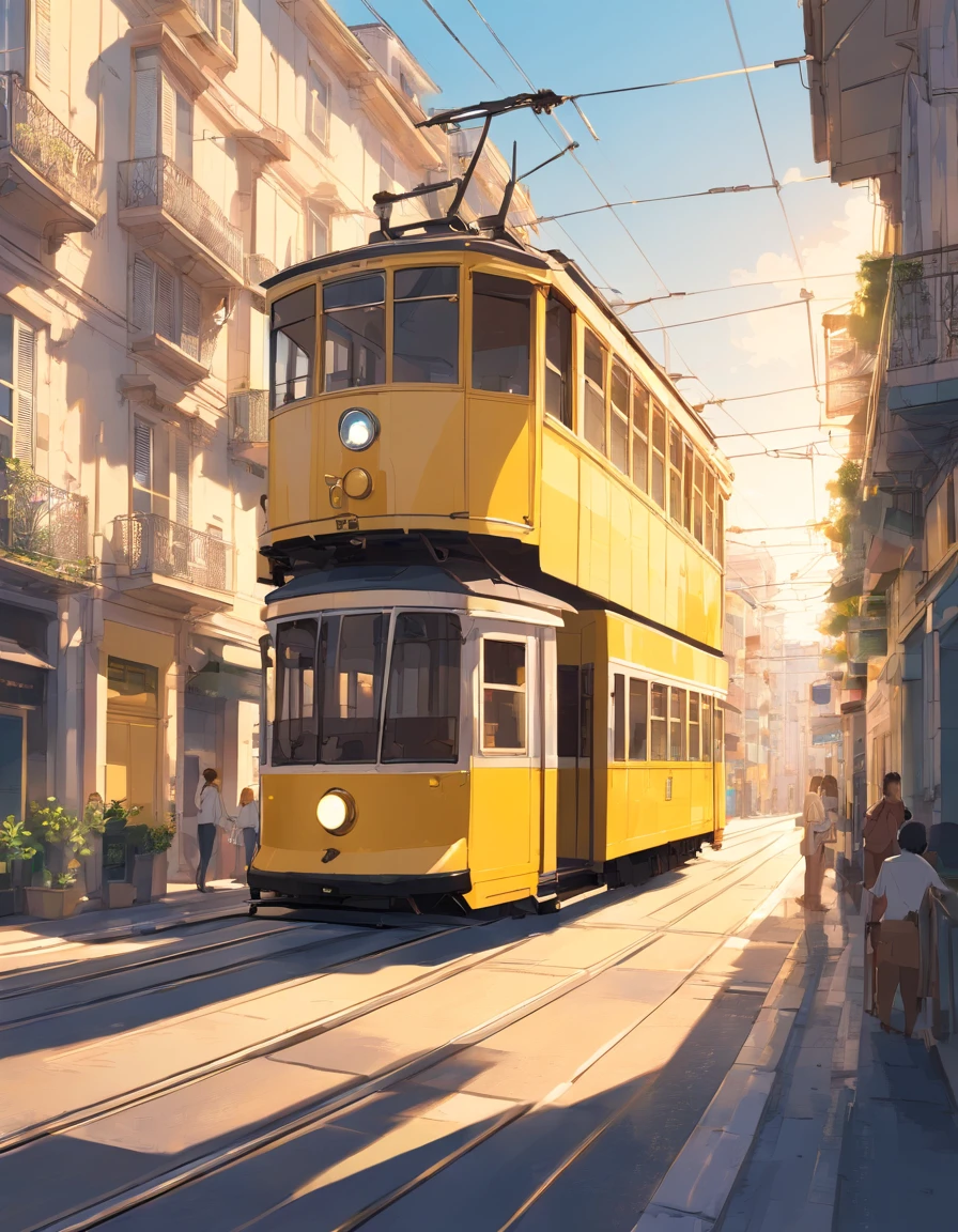 Simple illustration of yellow Lisbon tram 28e, Has a solid color, Frontal perspective, bold black lines, On a white background.