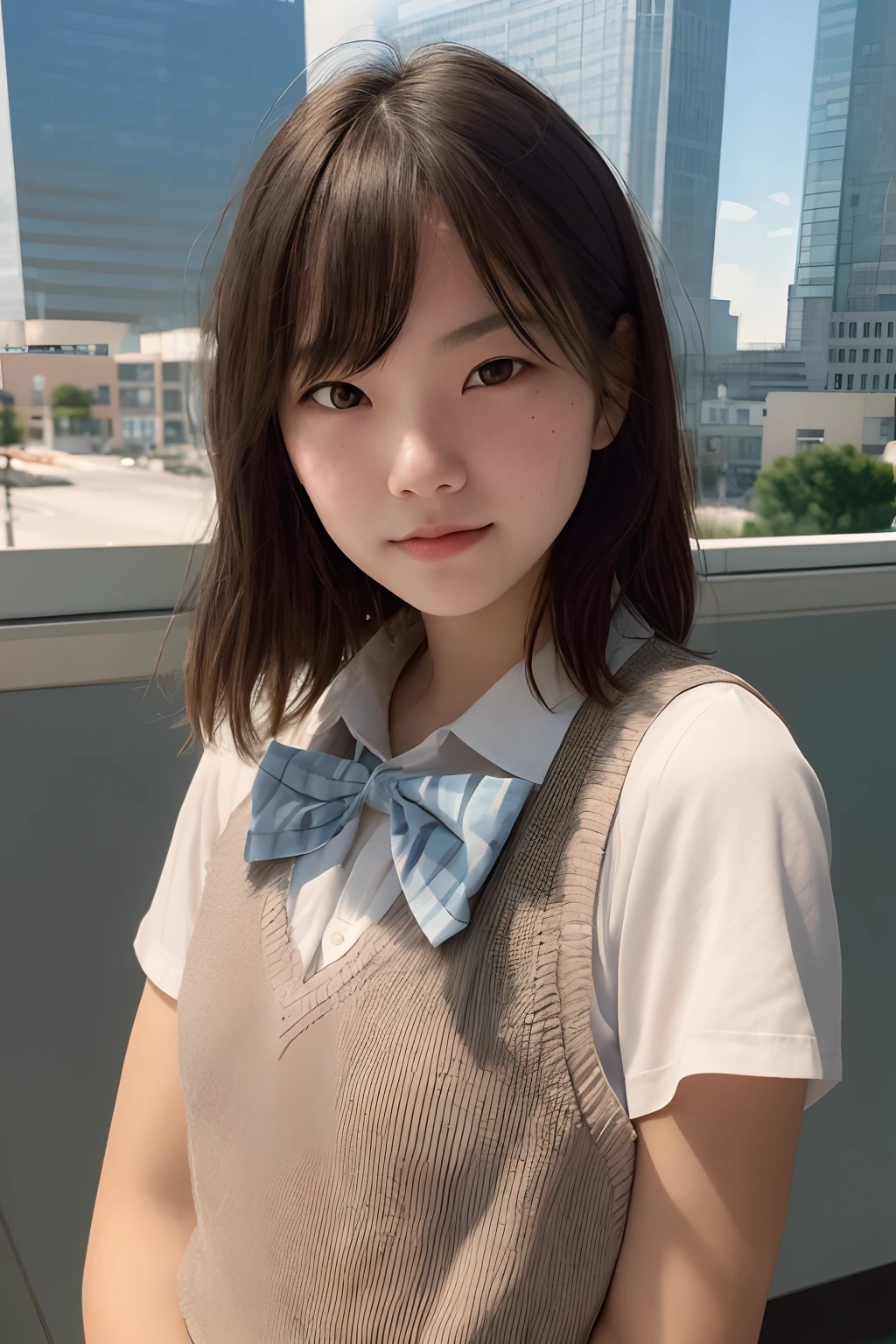 1girl, beautiful 18-year-old girl, vest, bow, sleeping, photo, realistic, best quality, hires, detailed face, office, buildings from window, detailed background, diffused sunlight, depth of field, bokeh, by lee jeffries, nikon d850, film stock photograph ,4 kodak portra 400 ,camera f1.6 lens ,rich colors ,hyper realistic ,lifelike texture, dramatic lighting , cinestill 800