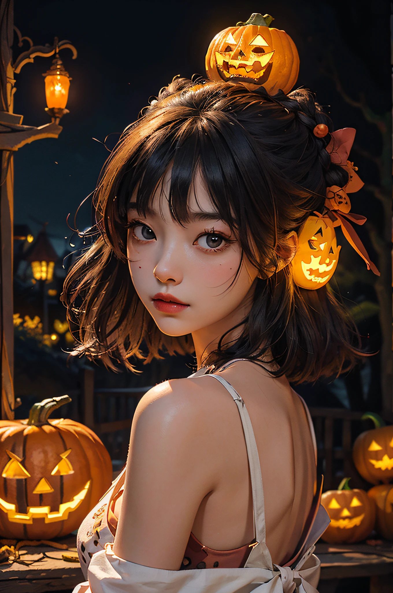 (masterpiece、top-quality、top-quality、Beautifully Aesthetic:1.2)、(((Cute glowing jack lantern head girl)))、((I can't see the girl's face))、halloween night、ighly detailed、colourfull、highestdetailed