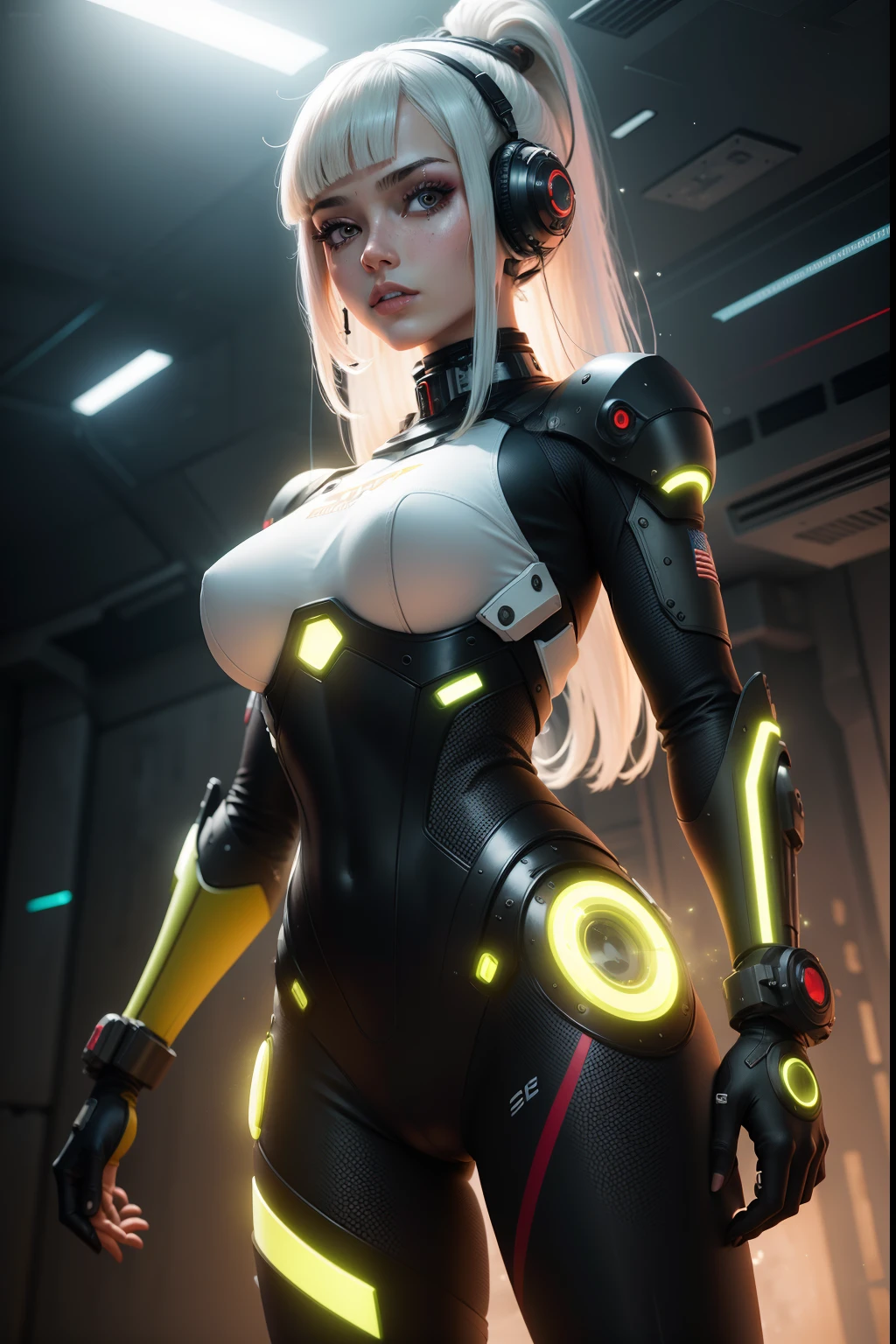 android female cybernetic parts, melhor qualidade, HDR, Art Station, usando um traje espacial high tech, vermelho, Branco, amarelo, malha texturizada, Textura HDR, Nasa punk, poses dinânmicas, Lasers, flare espacial, ethereal beauty, temporal distortion circle, water effect without gravity,