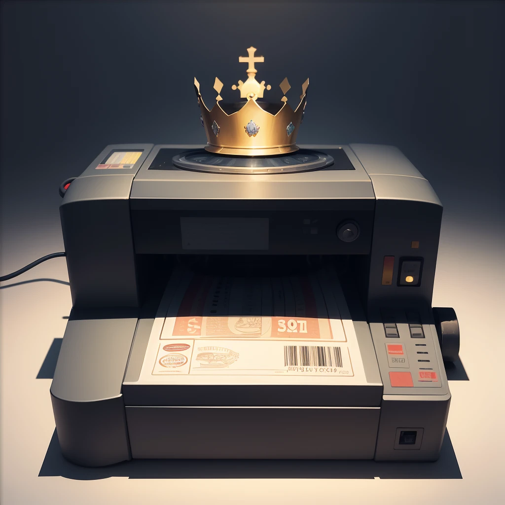 The lottery machine with the crown on the top is printing the ticket,Artistic illustration,tmasterpiece,3Drenderingof,cartoonish style,number art, Soft lighting,with a simple background