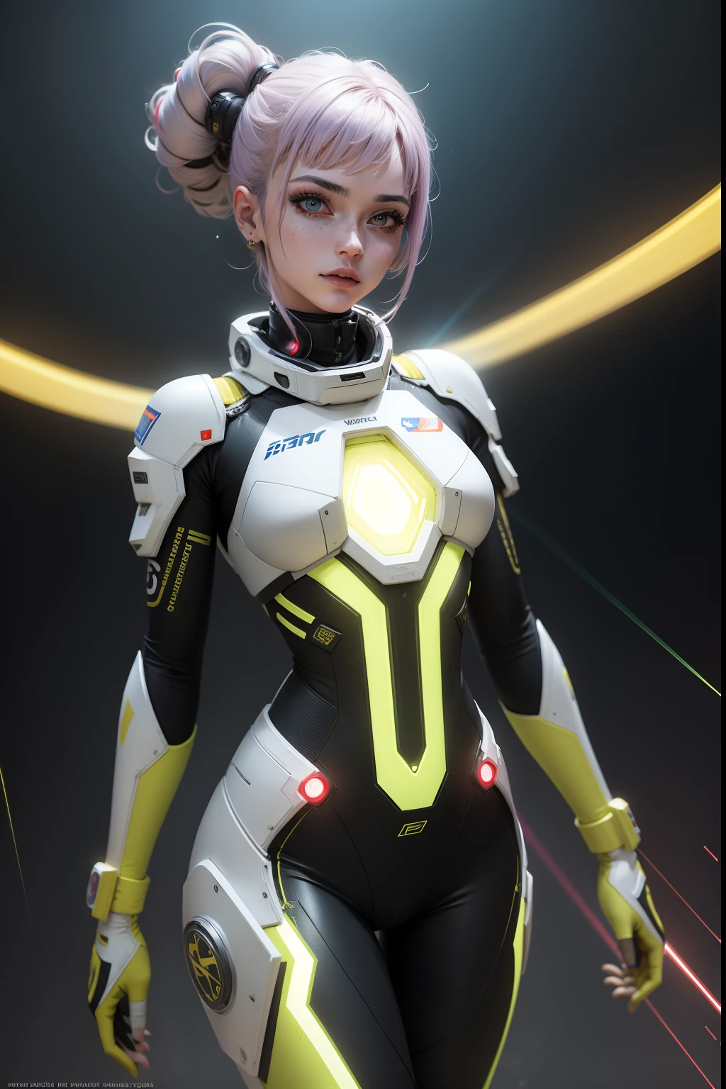 androide feminino, melhor qualidade, hdr, art station, usando um traje espacial high tech, vermelho, branco, amarelo, malha texturizada, textura hdr, nasa punk, poses dinânmicas, lasers, flare espacial, ethereal beauty, temporal distortion circle, water effect without gravity,