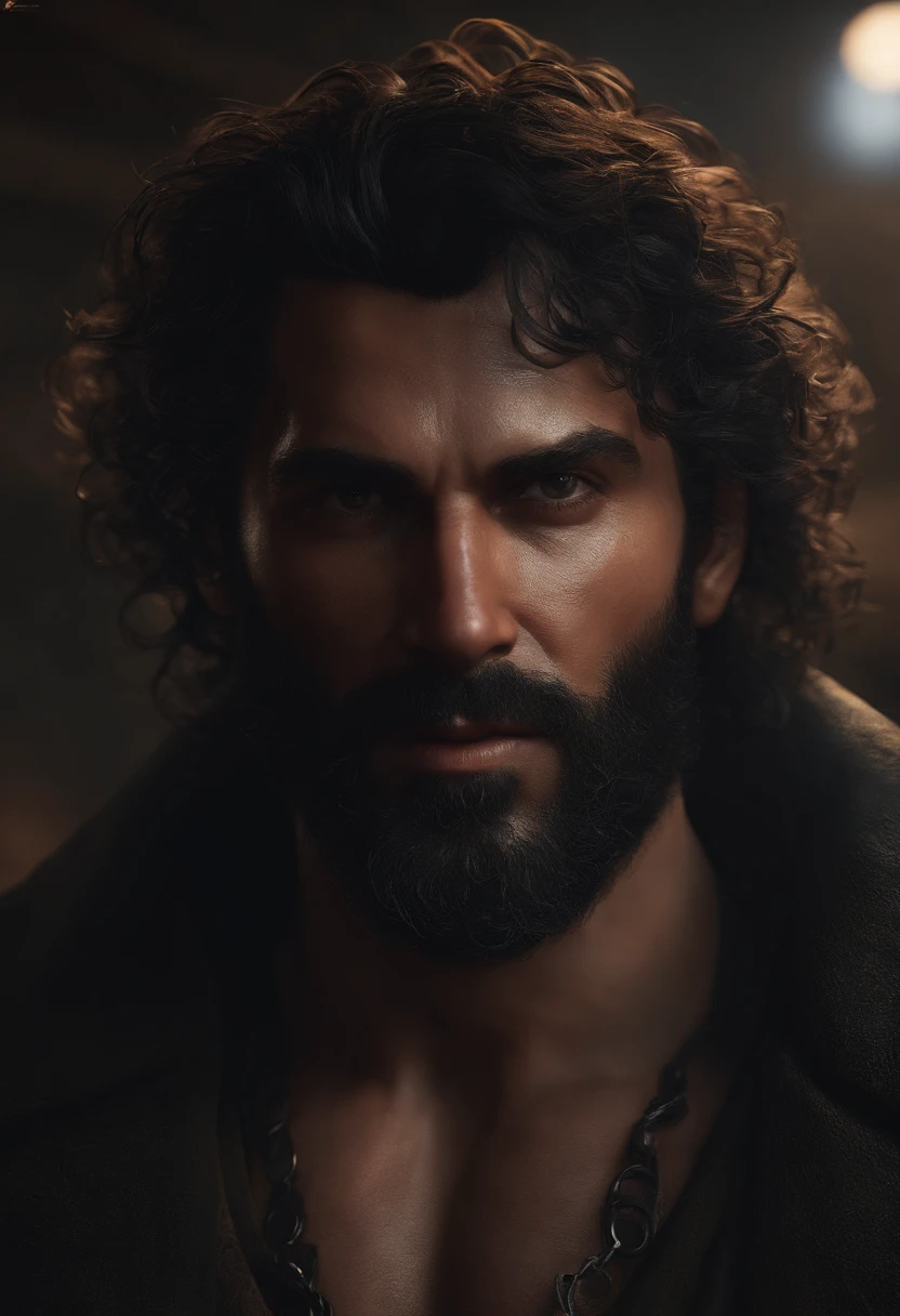 closeup de um homem negro com barba e chifres, pele vermelha, pele avermelhada, forte, peito peludo, pelos no peito, muitos pelos, demonio, Tiefling, Evil, 8K portrait rendering, Rosto e corpo detalhados, expression of anger, hairy, curly hair, Fotoreal, Unreal octane rendering 5. retrato de rpg, Arte conceitual 4K e hiper realismo, Arnold Maya render, cinematic realistic portrait, arte do personagem do motor irreal, daniel maidman octane rendering, Barba grossa altamente detalhada, hyper real render, black octane render, estranho, assustador, pesadelo, very disturbing nuclei, light particles , luz brilhante, Mshiff, Arte do papel de parede, Papel de parede UHD, Arte por Greg Rutkosky