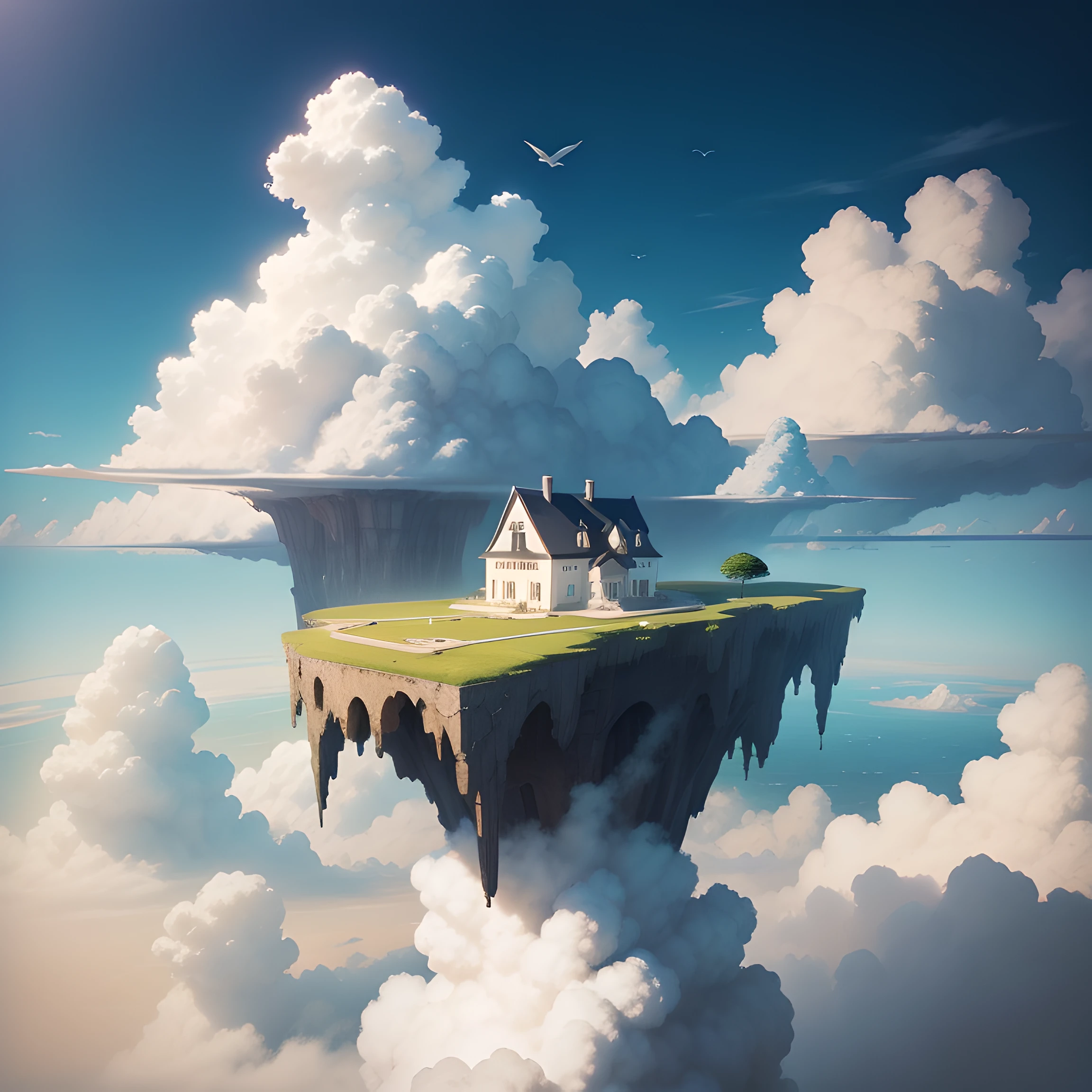 cloud fantasy, a loney island floating in the air, surrounded by cloud, best quality, masterpiece, super detail, award winning