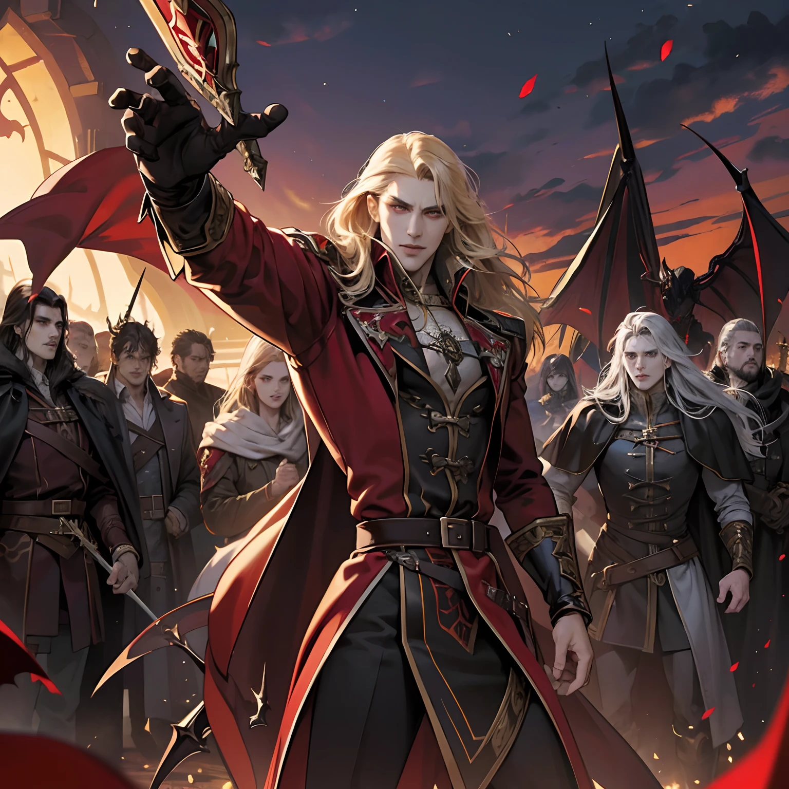 Castlevania Shadow Lord handsome muscular Lord Dracula leading troops armed with demons Highly detailed faces to hyper realistic war super detailed Super detailed dynamic pose Super detailed hyper realistic faces super detailed