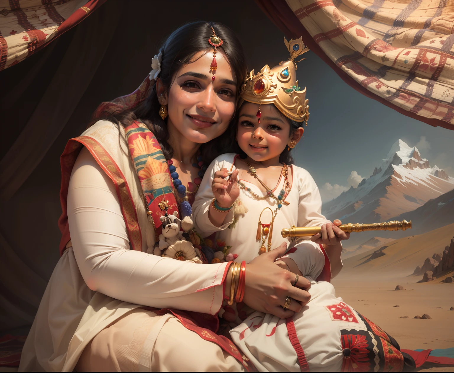 Best quality, surrealism, yashodha and little Krishna smiling with flute, brindhavan village realistic mountain background