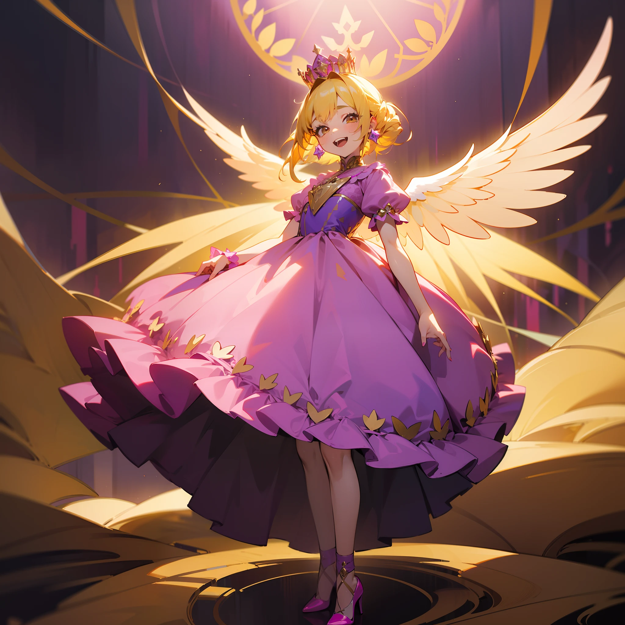 ((1GIRL)),((masterpiece, top quality,4K, best quality)),art,detailed face,(dark yellow hair,brown eyes,earings,laughing,pink royal dress with purple pattern,golden pink crown,royal attire,royalty),roses wings,Palace in backround,glowing eyes,pink vines everywhere,cute wholsome girl,adorable face,pink high heels,full body,petite,standing.
