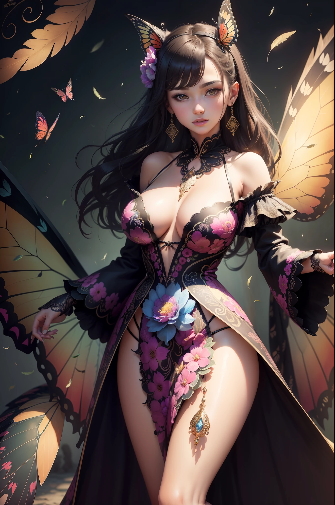 (masterpiece, top quality, best quality), (1girl:1. 3), long dress, extremely detailed, (fractal art:1. 1), (colorful:1. 1) (flowers:1. 3), highest detailed, (zentangle:1. 2), (dynamic pose), (abstract background:1. 3), (shiny skin), (many colors:1. 4), , (earrings:1. 4), (feathers:1. 4), (butterfly:1. 1), very tie clothes, sexy detailed, large breast, large ass,