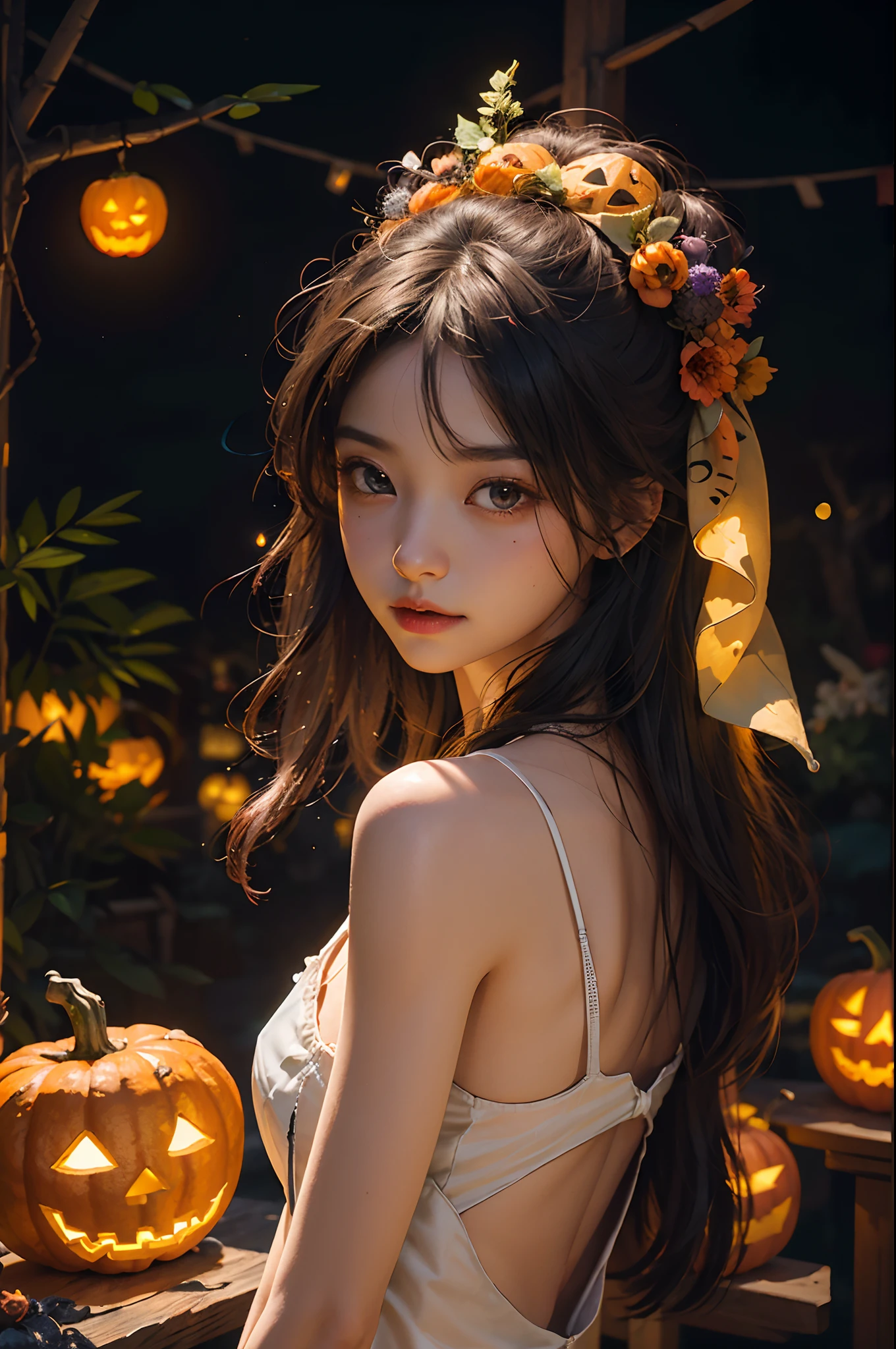 (​masterpiece、top-quality、top-quality、Beautifully Aesthetic:1.2)、(((Cute glowing jack lantern head girl)))、((I can't see the girl's face))、halloween night、ighly detailed、colourfull、highestdetailed