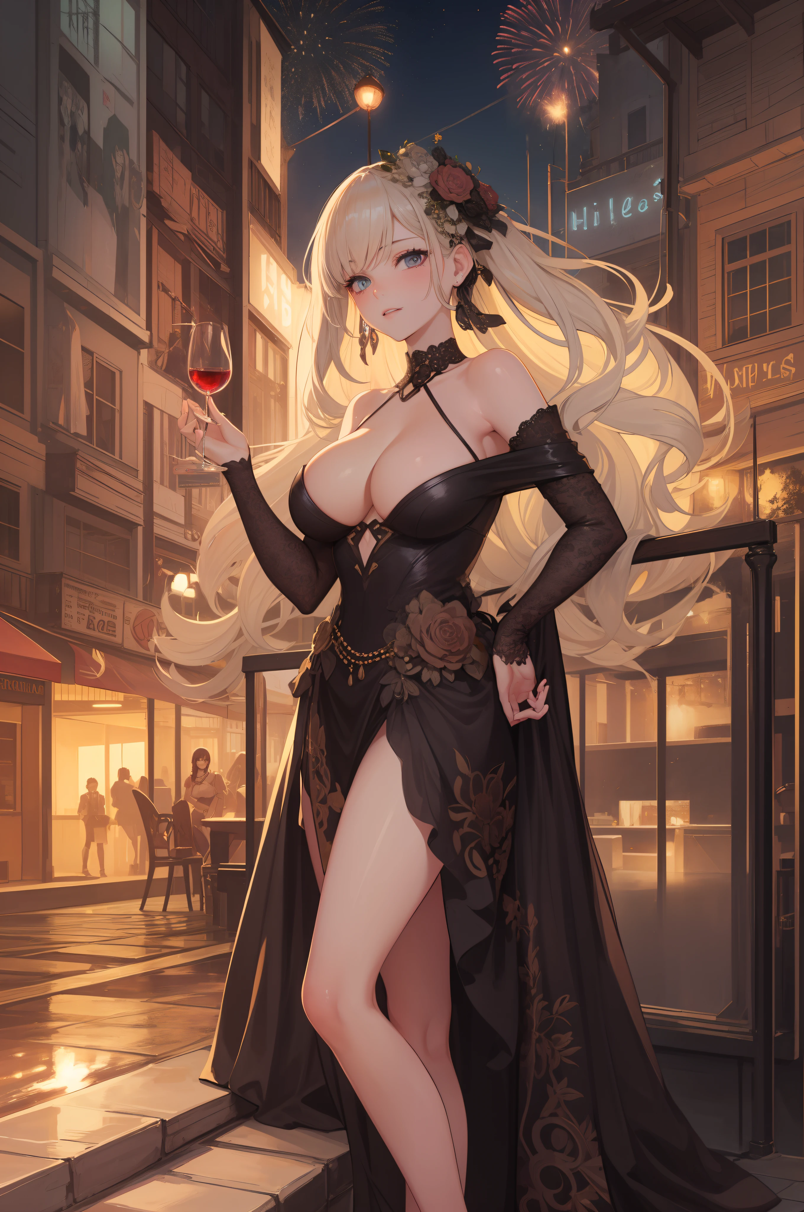 ((A sexy and beautiful woman holding a wine glass and looking at me on the terrace)), ((The cutest 22-year-old beauty)), Charming smile, ((Fireworks in the background) ), ((Very long hair) ), ((One piece with a lot of exposed parts)), ((Rich bust)), Gradient eyes, Seductive makeup, Single view, NFFSW, UHD, Retina, Masterpiece, Accurate, Anatomy Scientifically correct, textured skin, super detail, high detail, high quality, award winning, highest quality, high resolution, 1080P, HD, 4K, 8k, 16k