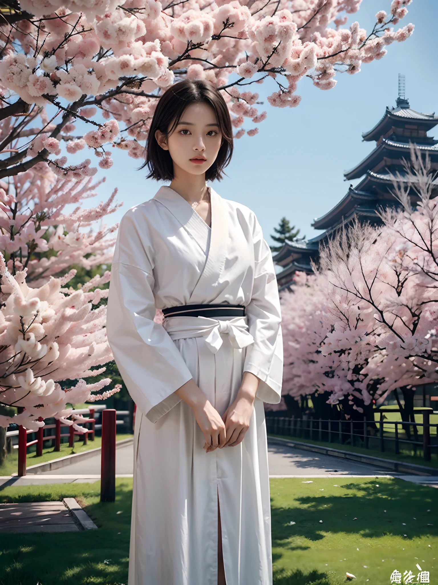 ((Small lower chest,Tomboyish,small heads)),  (short-length straighthair: 1.2), Black hair，Upper body,（极其细致的CG 8k壁纸），（Extremely refined and beautiful），（Masterpiece），（best qualtiy：1.0），（超高分辨率：1.0），beautiful light up，Perfect lightning，realistic shaded，[A high resolution]，Smooth and flawless fair skin，ultra - detailed ，(Small breasts:1.1)，Flat chest，Slim，emaciated，slender waist，serious，Mighty，（a seven quarter sleeved white kendogi:1.1），（maxi red kendo hakama：1.1），white short socks, geta，spring,night，In front of a tall huge Japanese castle，sakura blooms，standing，outside，Tree-lined roadsides，Close-up，(a long samurai katana in hands:1.2)