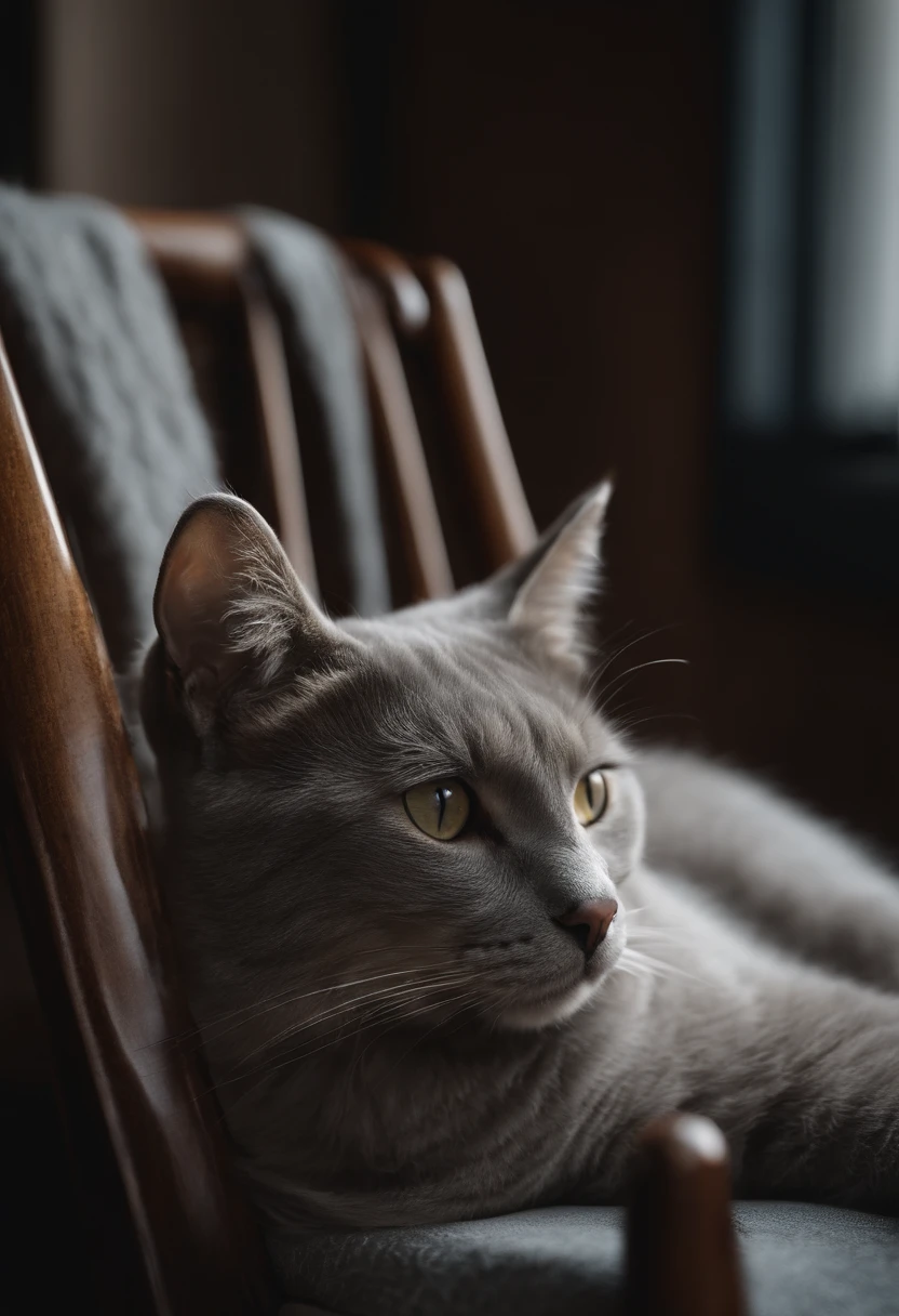 A gray cat lying on a rocking chair, Photography, minimalist style, pixabay, Intricate, relaxing, Soft lighting.