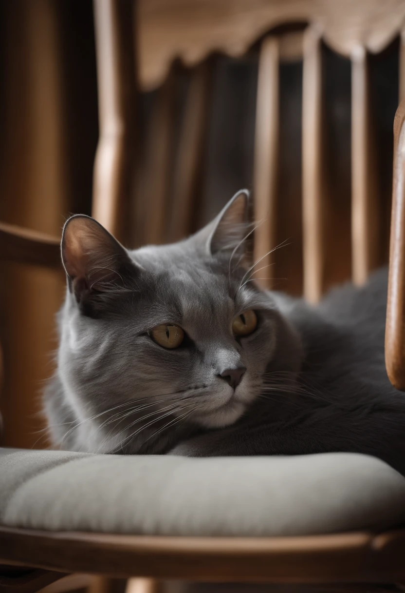 A gray cat lying on a rocking chair, Photography, minimalist style, pixabay, Intricate, relaxing, Soft lighting.