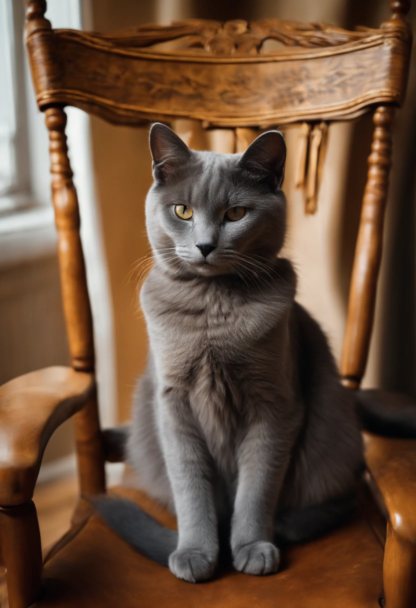 A gray cat lying on a rocking chair, Photography, minimalist style, pixabay, Intricate, relaxing, Soft lighting.