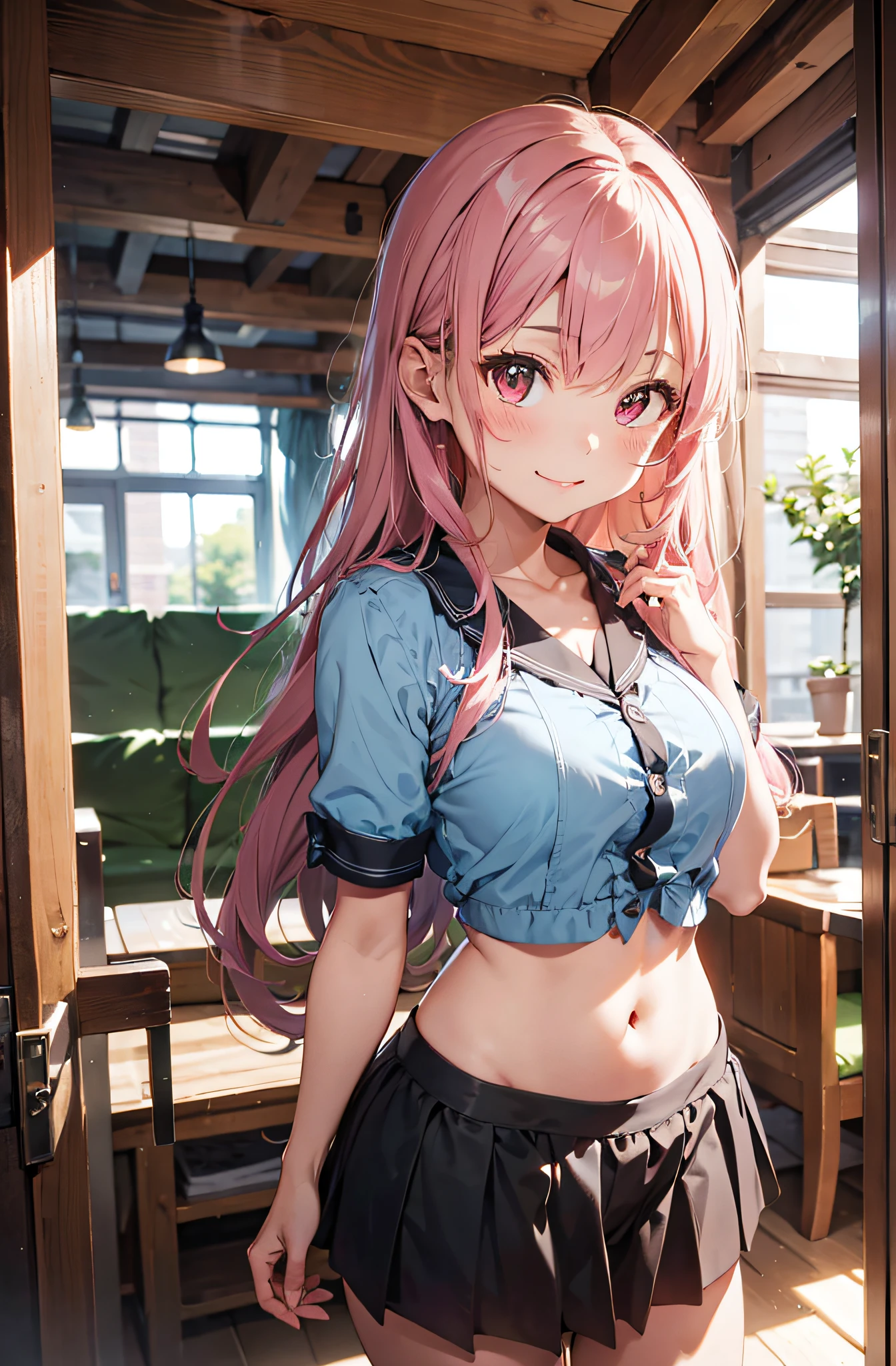 top-quality、masutepiece、in 8K、Pastel tones、girl with、A pink-haired、(Twin-tailed)、Long hair、is standing、Unbutton the short-sleeved blouse to reveal the bra.、a miniskirt、No panties、bare-legged、ssmile、livingroom