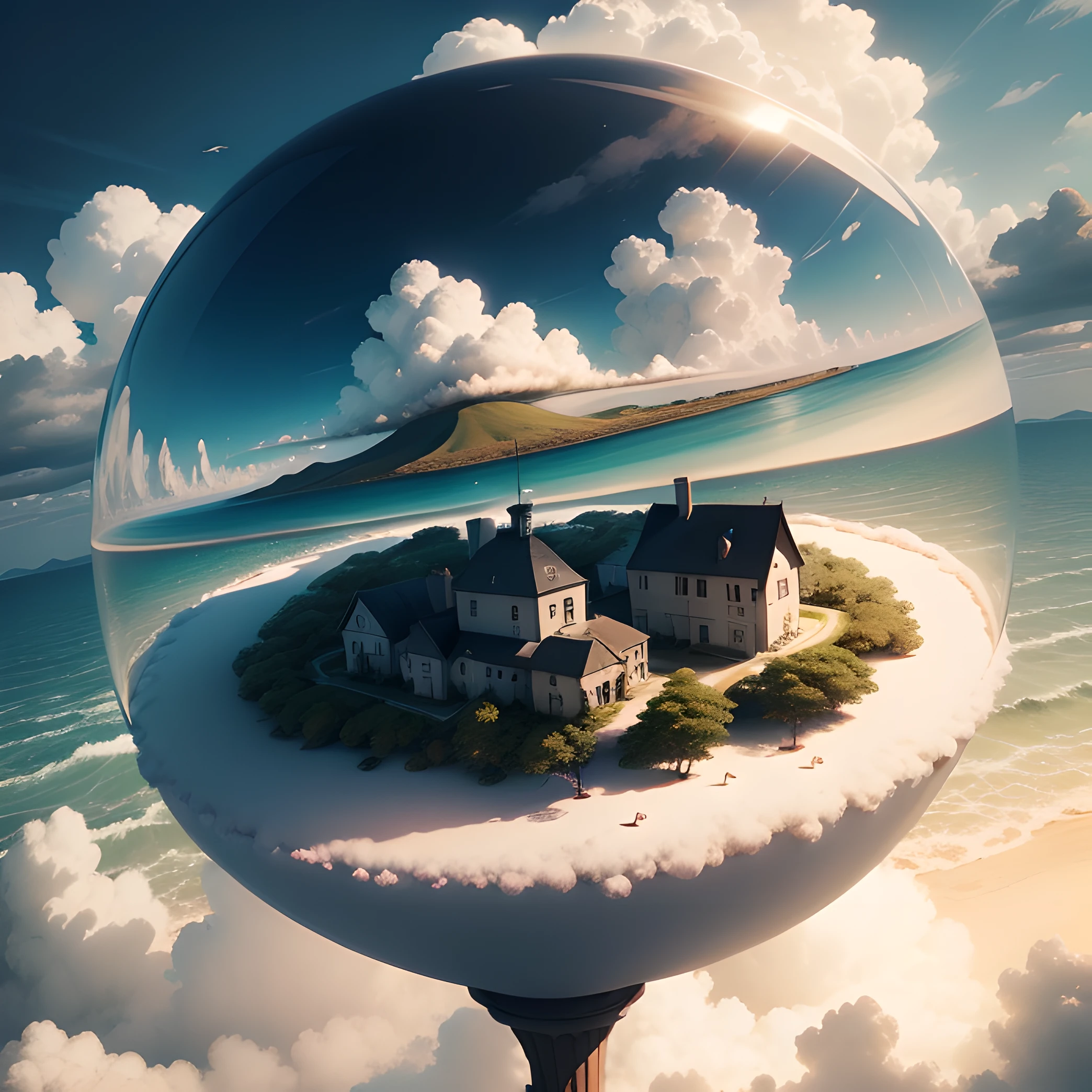 a loney island floating in the air, surrounded by cloud, best quality, masterpiece, super detail, award winning