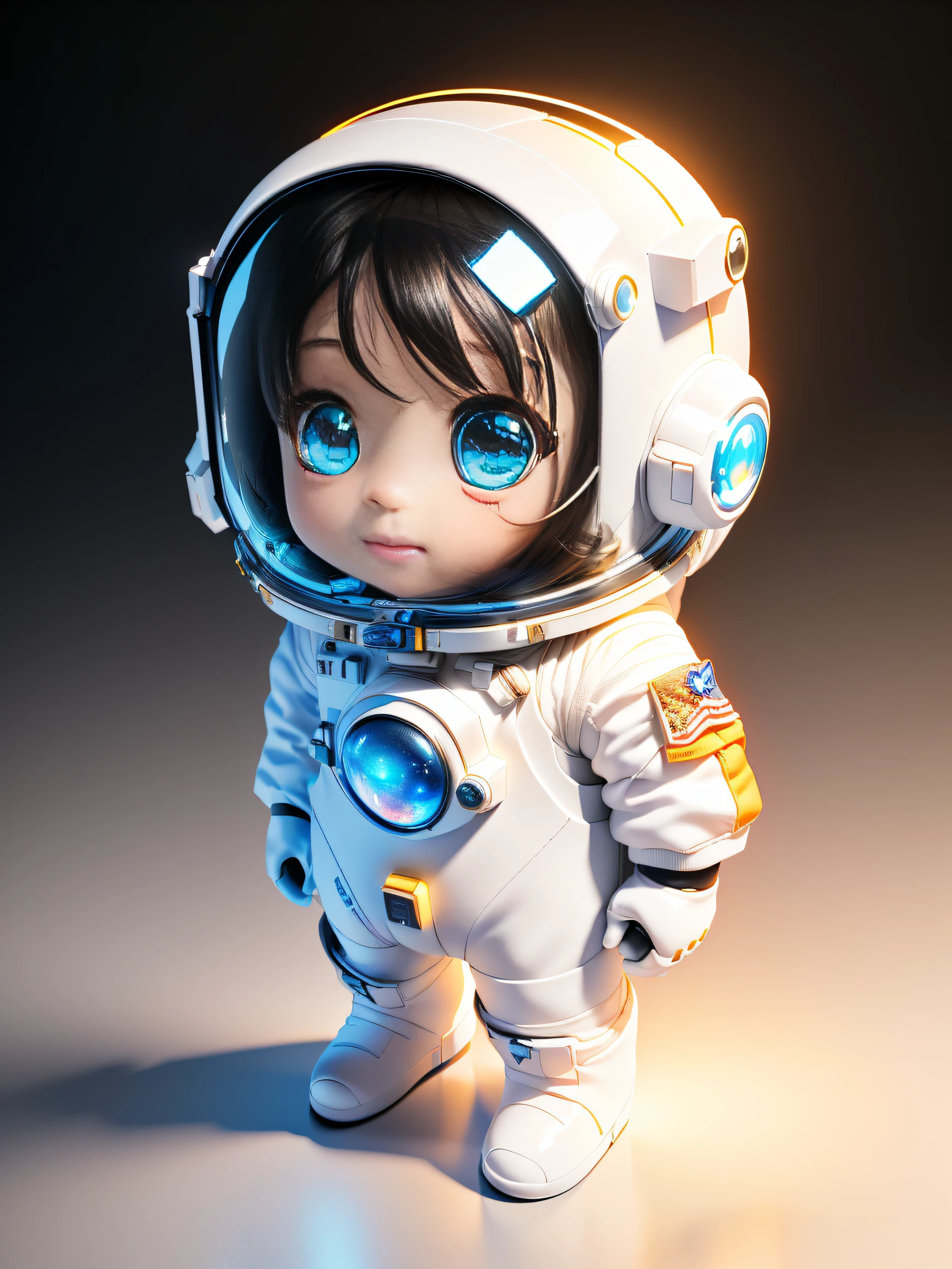 Super cute girl full body 3D picture, 1pc, good looking eyes, big eyes, cute, happy, c4d, pop matt box, white long hair, glowing bubbles, toys, solid color background, chibi, fluorescent translucency, luminous body, kawaii, doll, (((astronaut, spacesuit))), reference table, pop mart blind Pixar, complex details, 3d rendering, blender, OC renderer, fol body reference sheet, Dribble, High Details, 8K, Studio Lighting, Loli, PetiChild, Chibi, aracters: 1.1, Magic Space Warehouse background