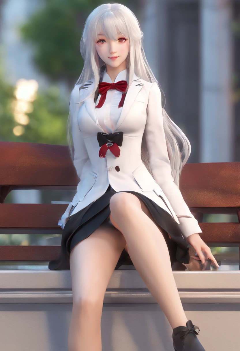 Cute girl, High school girl, long  white hair, Long hair and waist, White ribbon, Black eyes, Beautiful body, Beautiful hair, Smile, Crimson lines，White low-cut suit, Black Buruma, Panties,E cup ， park, Knee socks, Tuck the hem into the broma　　standing, full bodyesbian