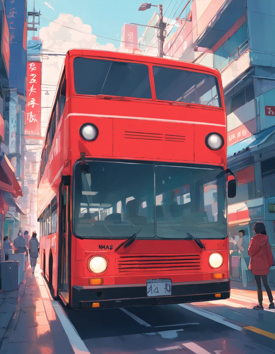 Red stretched Chengdu bus,Simple illustration, Has a solid color, Frontal perspective, bold black lines, On a white background.